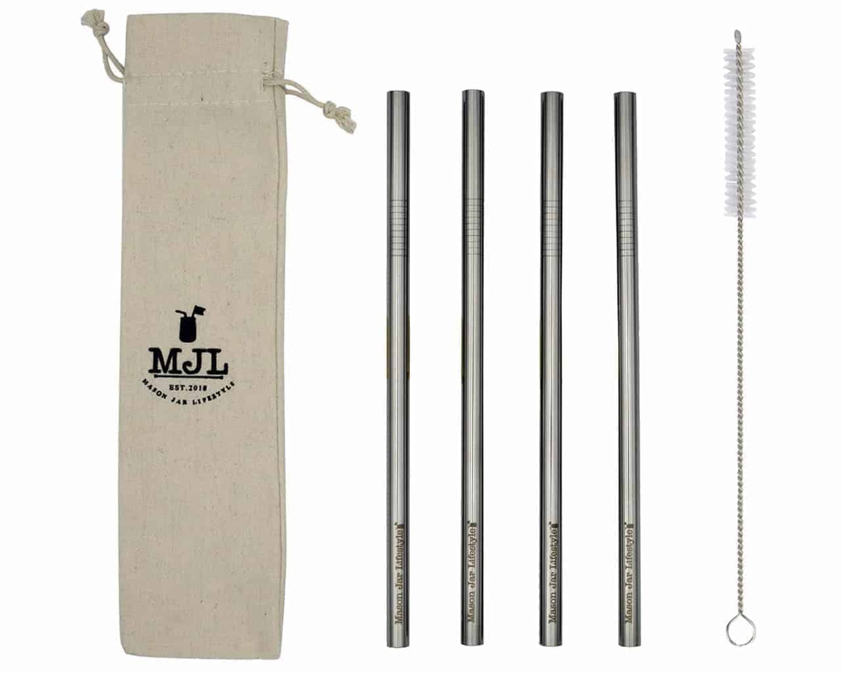 Four Long stainless steel Smoothie straws with a reusable cleaning brush and an MJL cloth carry bag.