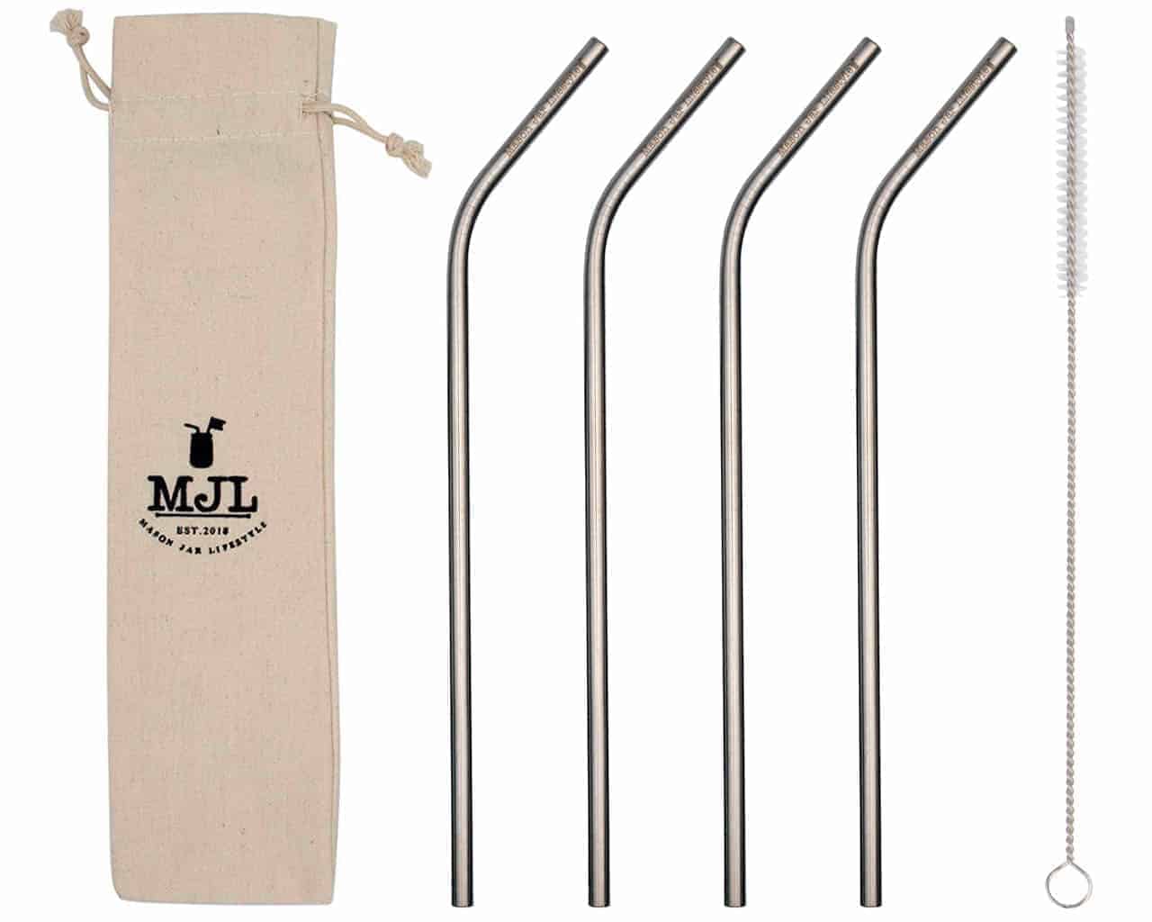 Mason Jar Lifestyle Long thin bent stainless steel metal straws for quart 32oz Mason jars, large cups, and tall glasses