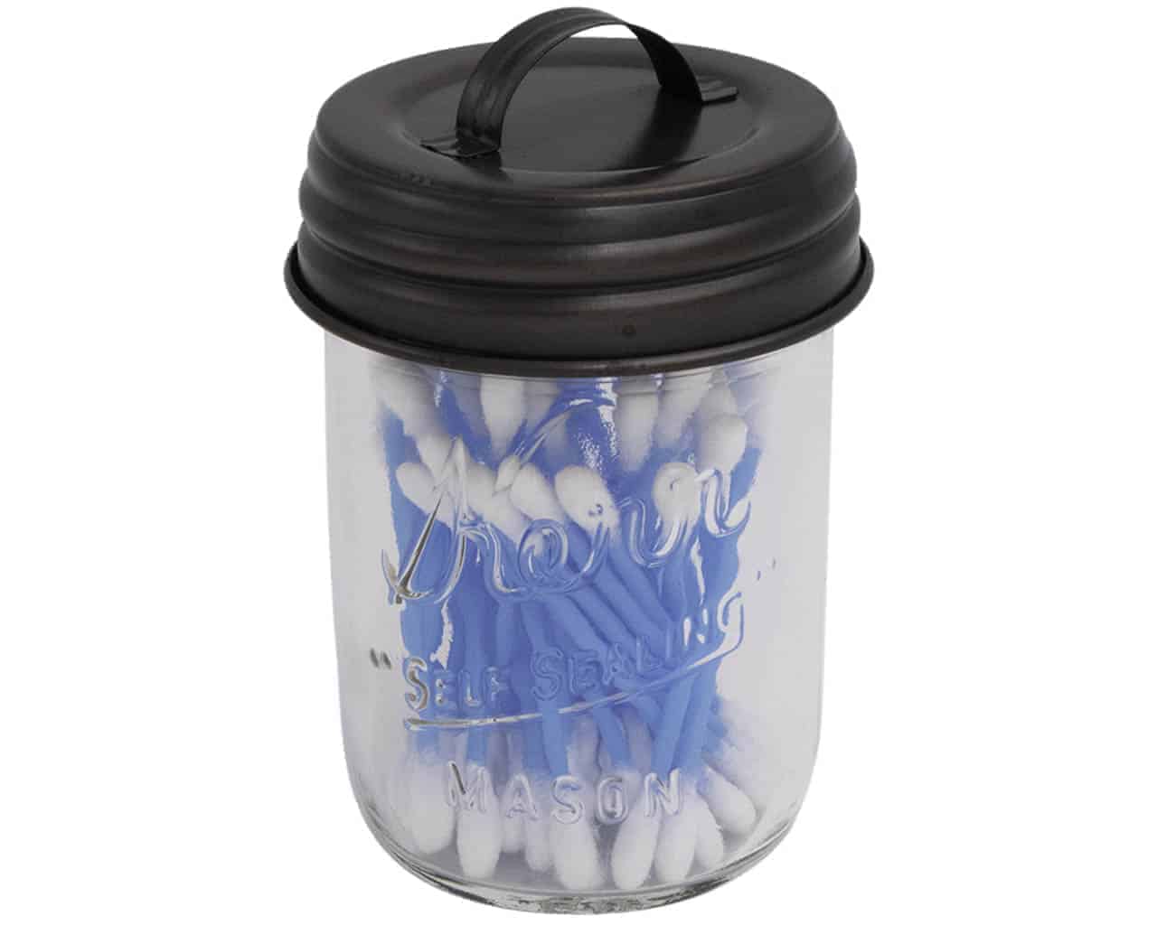 mason-jar-lifestyle-oil-rubbed-bronze-handle-canister-lid-regular-mouth-kerr-half-pint-jar-cotton-swabs-q-tips-bathroom