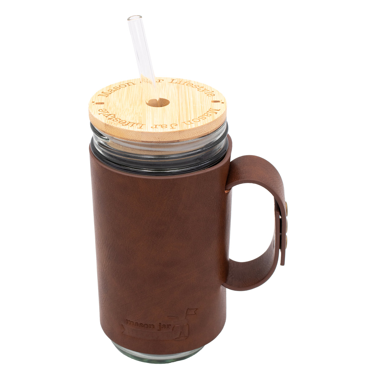 Pint a half 24oz glass water bottle faux leather sleeve logo bamboo lid glass straw cleaner brush bundle travel tumbler product on white assembled