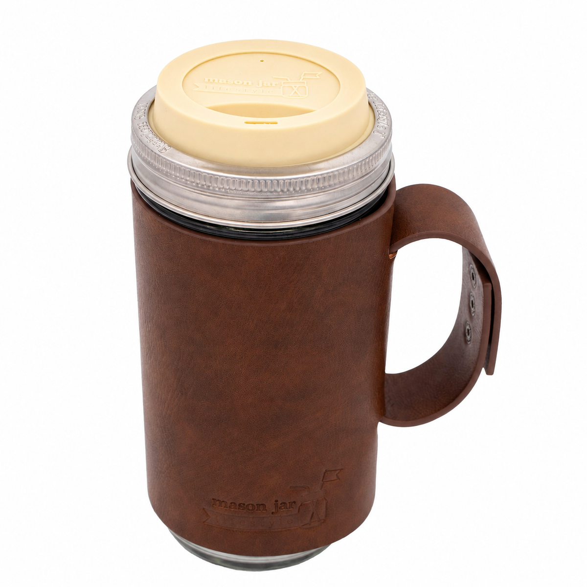 Mason Jar Lifestyle 24oz glass water bottle with faux leather sleeve and Butter Yellow silicone drinking lid