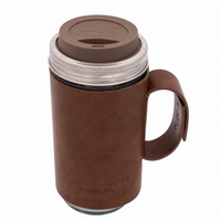 Mason Jar Lifestyle 24oz glass water bottle with faux leather sleeve and Cocoa Brown silicone drinking lid