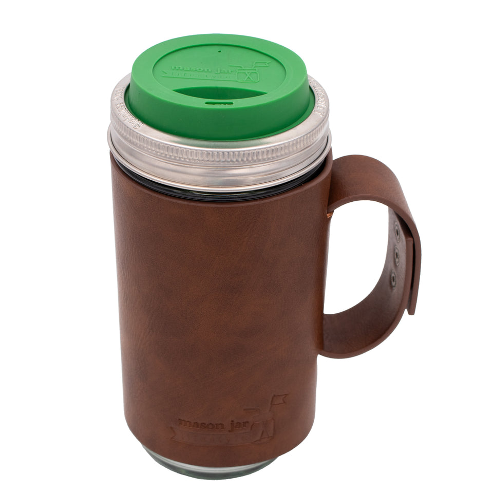 Pint and a half glass water bottle faux leather sleeve wide mouth drinking lid leaf green product on white