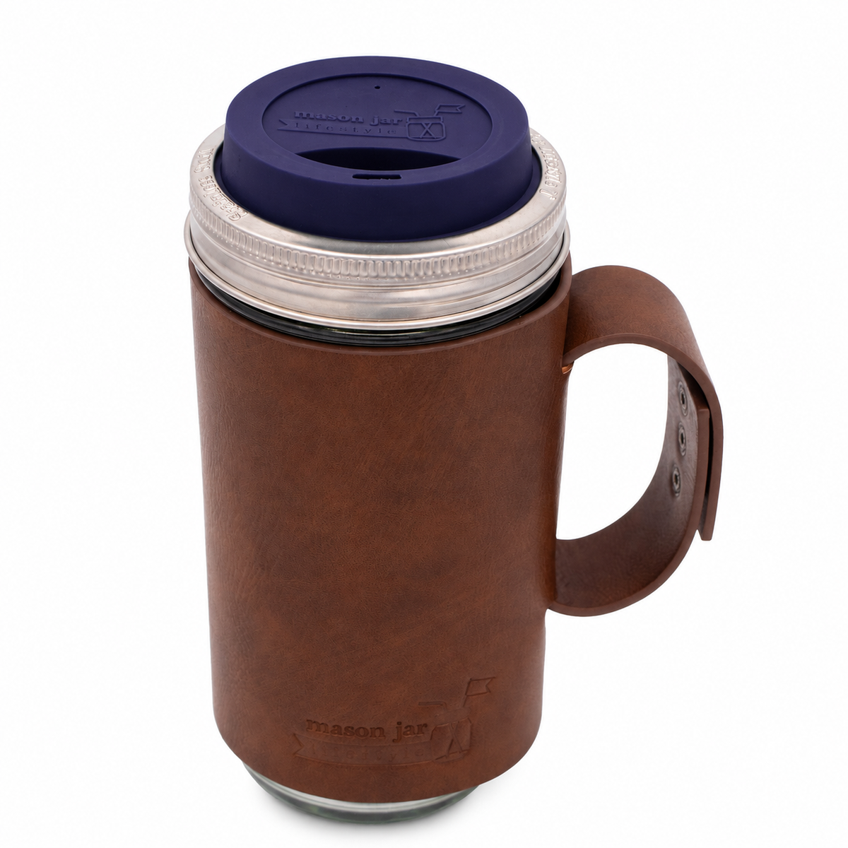 Mason Jar Lifestyle 24oz glass water bottle with faux leather sleeve and Midnight Blue silicone drinking lid