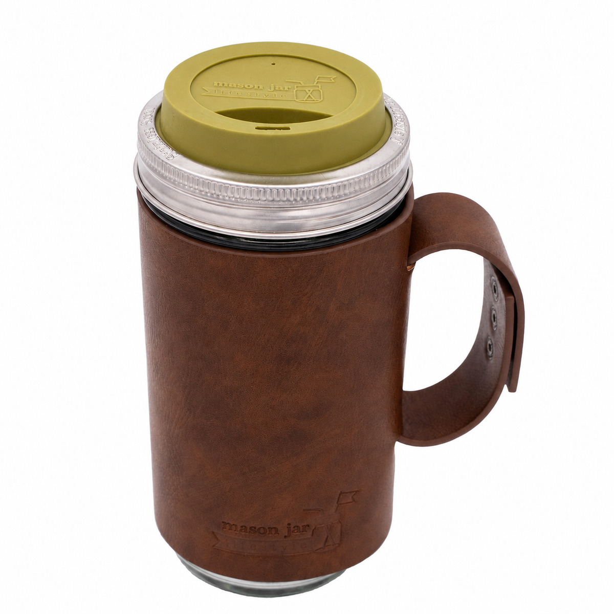 Mason Jar Lifestyle 24oz glass water bottle with faux leather sleeve and Olive Green silicone drinking lid