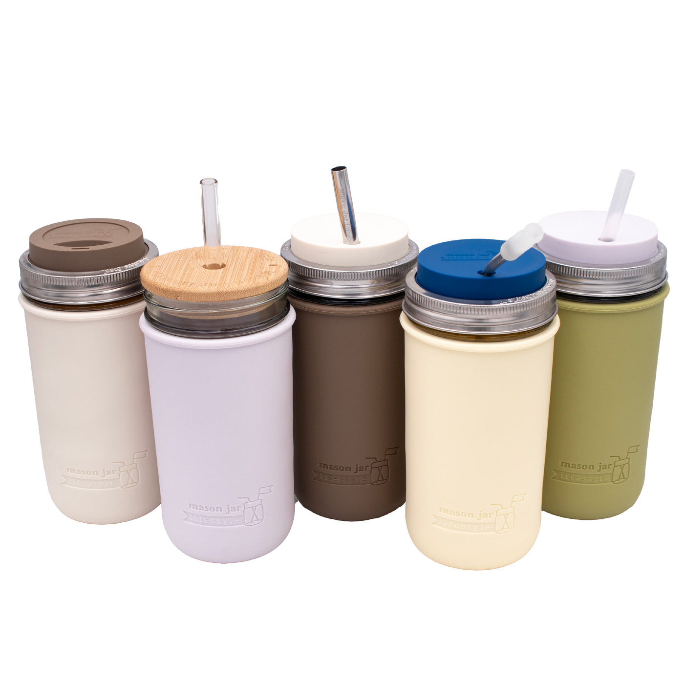Five reusable insulated tumblers with lids and straws in neutral and earth-tone colors, arranged side by side on a white background. The tumblers have lids in beige, lavender, brown, cream, and olive green, with metal rim details and clear glass straw inserts.