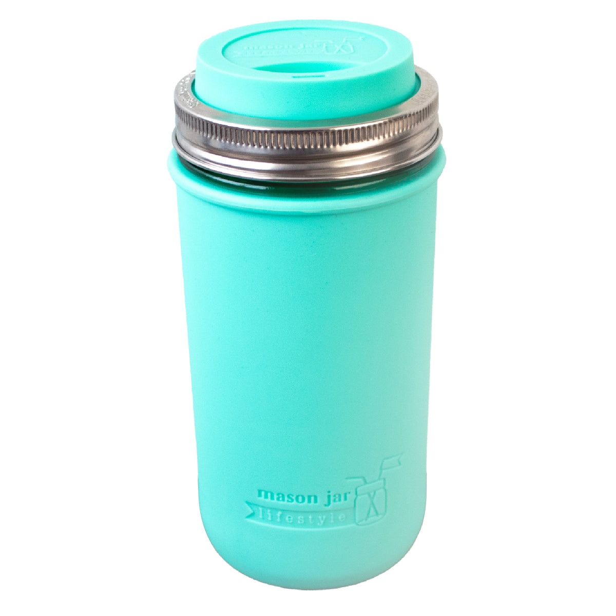 24oz glass Mason jar travel tumbler with Aquamarine silicone sleeve, Aquamarine drinking lid, and stainless steel band