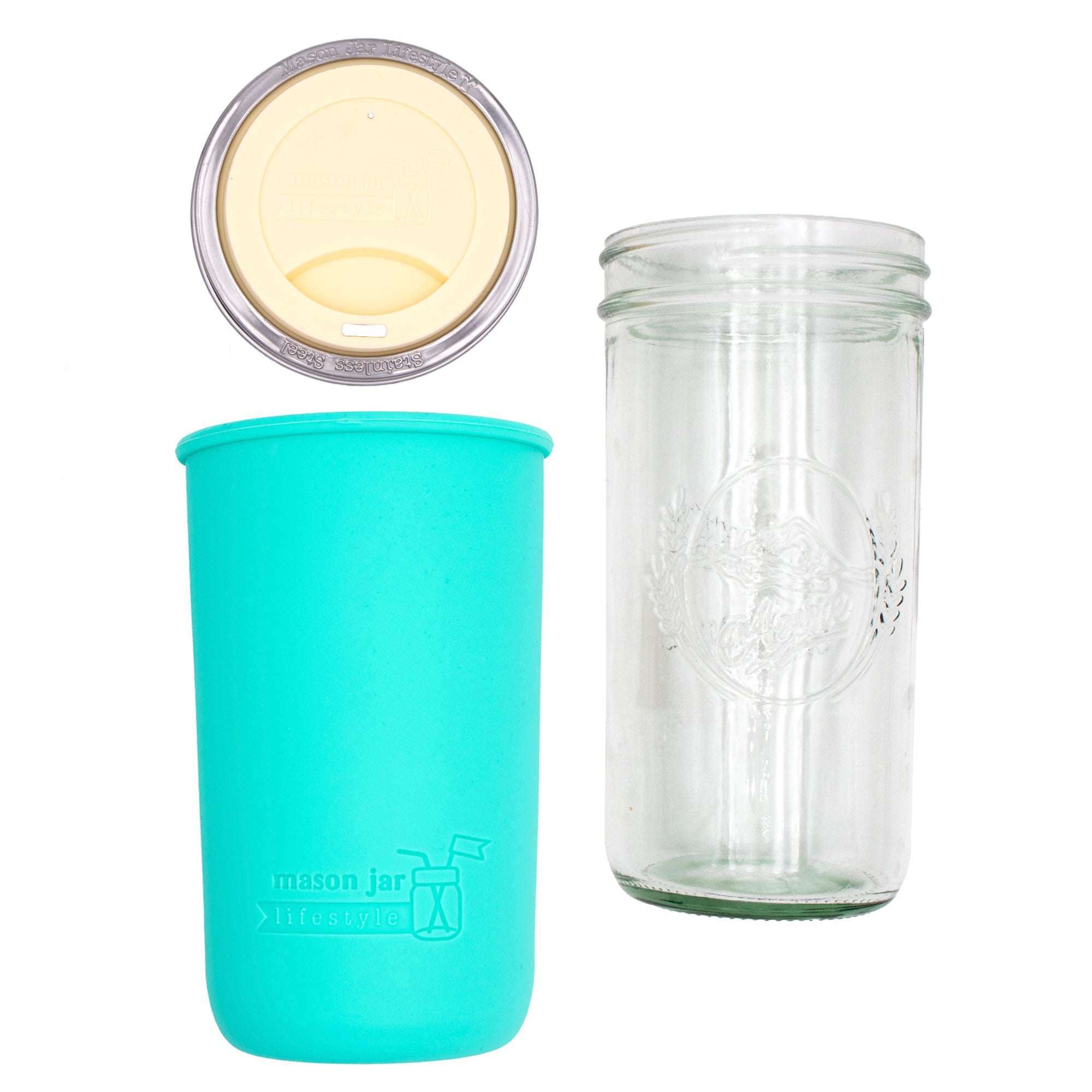 Pint and a half water bottle azure pint and a half sleeve aquamarine wide mouth drinking lid butter yellow product on white components
