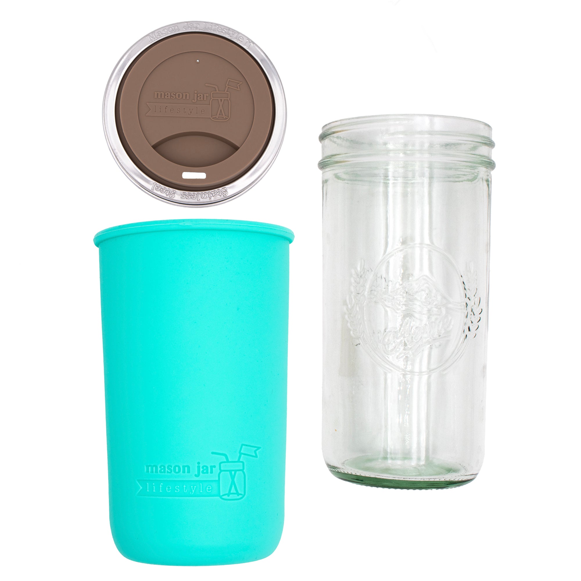 Pint and a half water bottle azure pint and a half sleeve aquamarine wide mouth drinking lid cocoa brown product on white components
