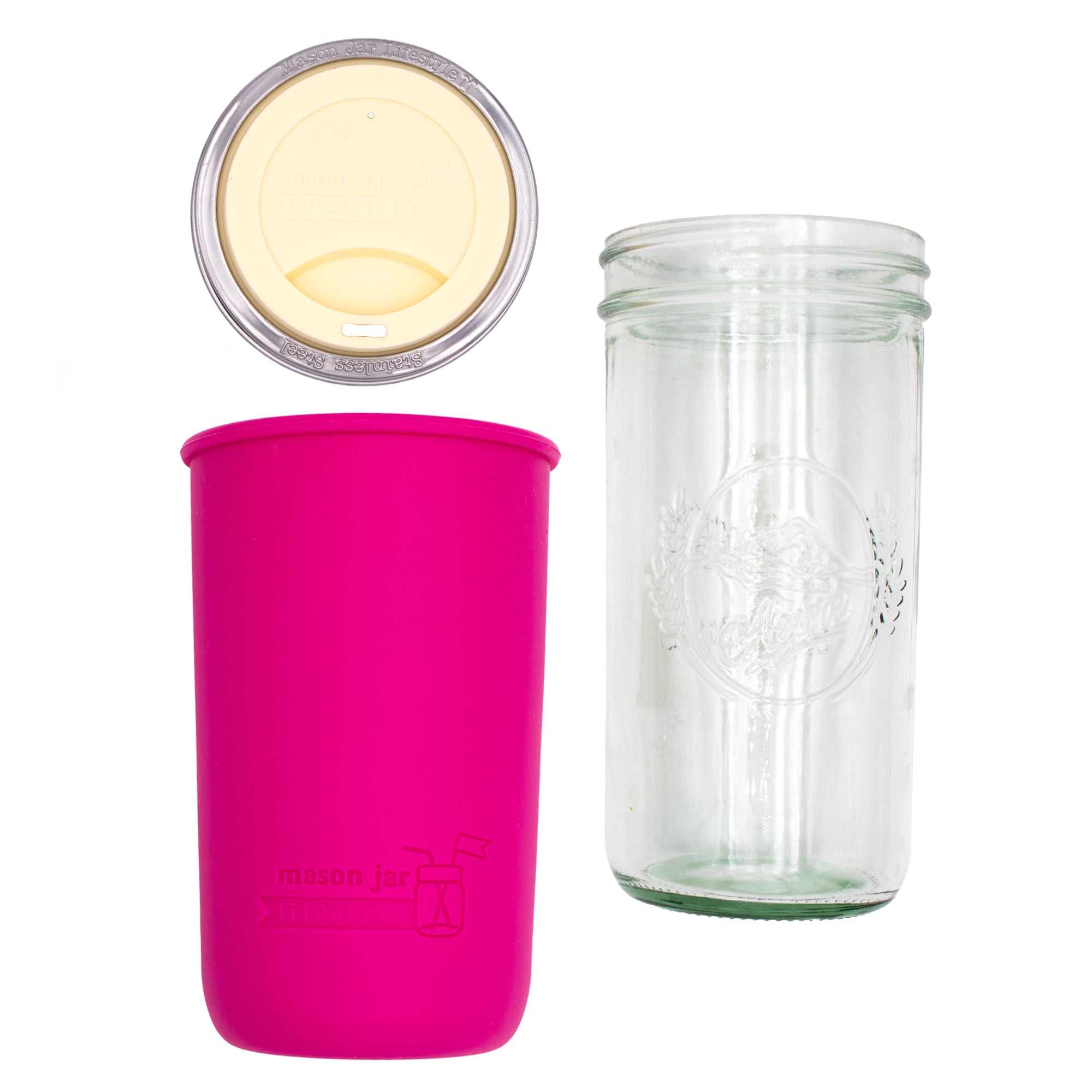 Pint and a half water bottle azure pint and a half sleeve berry pink wide mouth drinking lid butter yellow product on white components