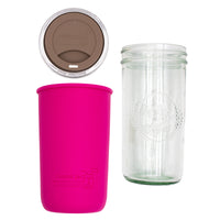 Pint and a half water bottle azure pint and a half sleeve berry pink wide mouth drinking lid cocoa brown product on white components