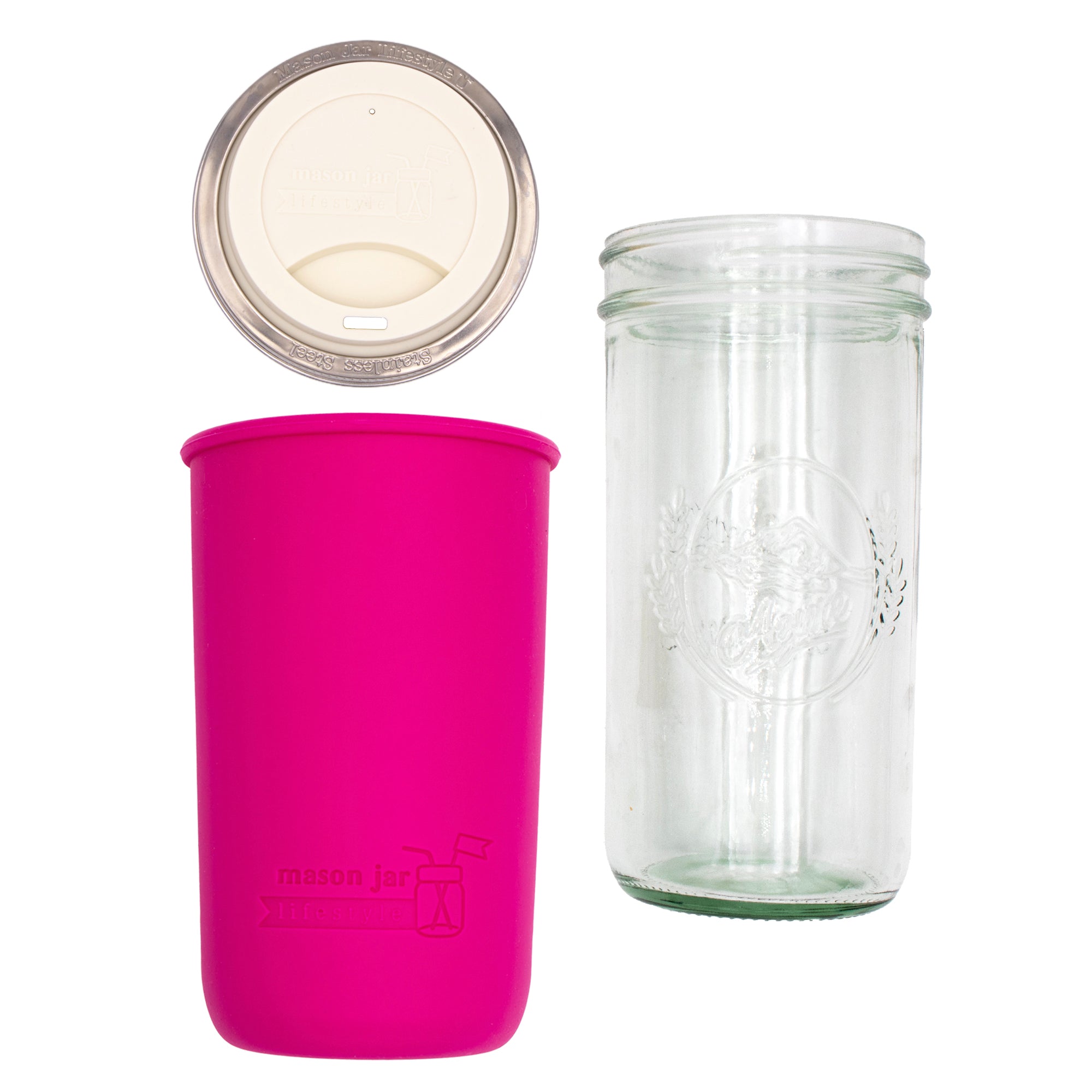 Pint and a half water bottle azure pint and a half sleeve berry pink wide mouth drinking lid greige product on white components