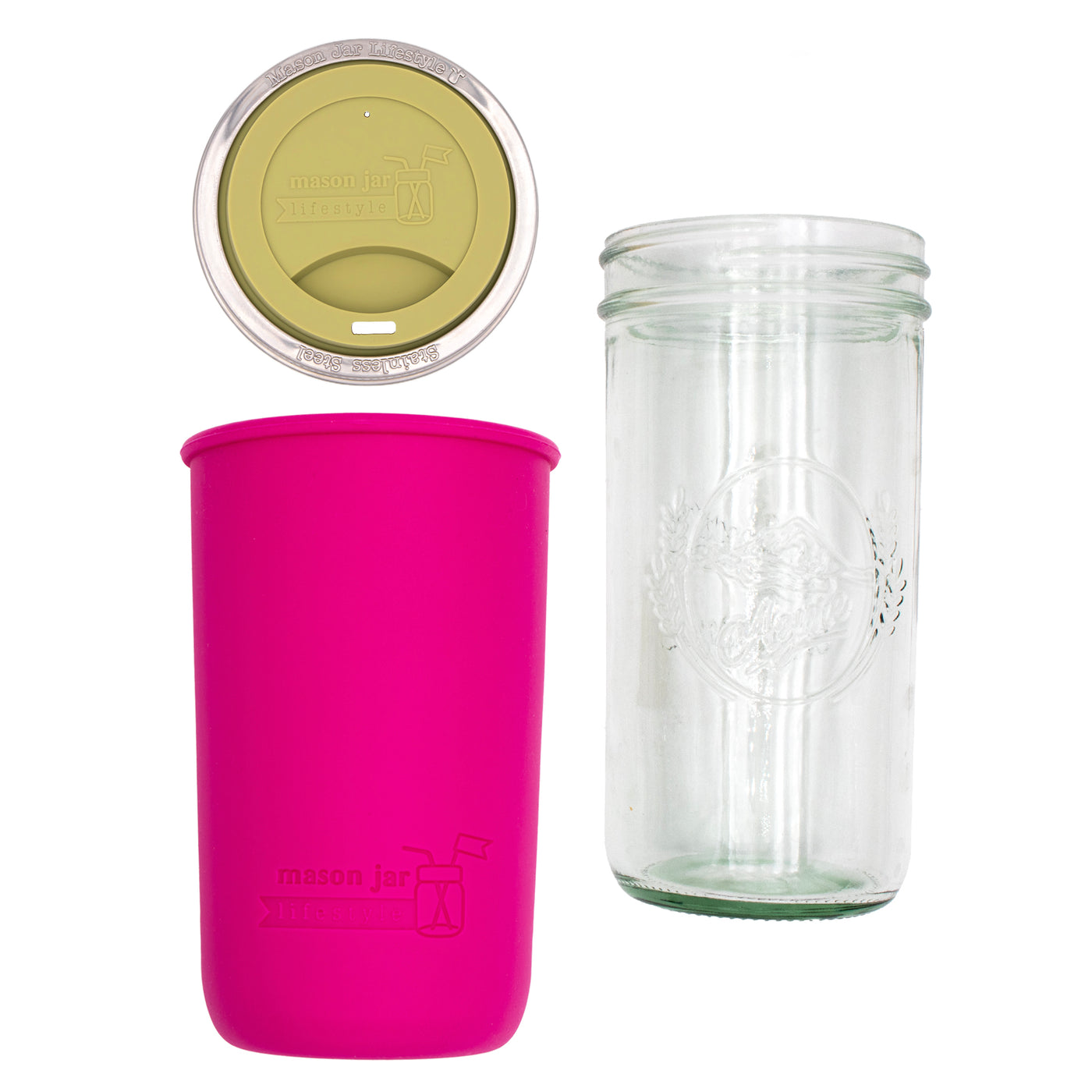 Pint and a half water bottle azure pint and a half sleeve berry pink wide mouth drinking lid light olive product on white components