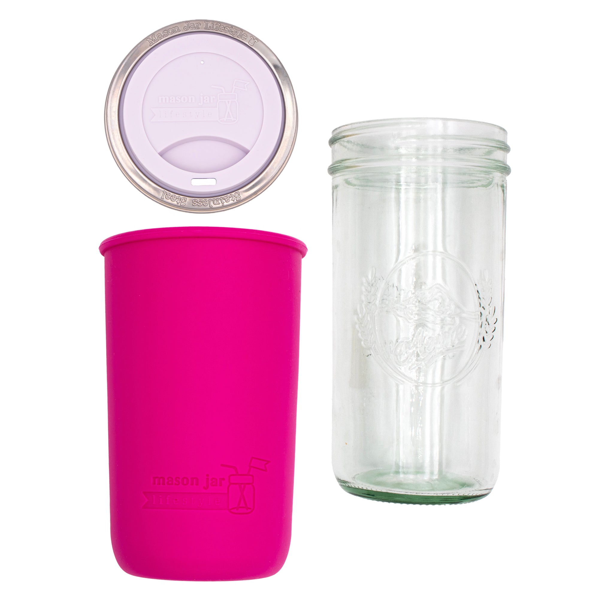 Pint and a half water bottle azure pint and a half sleeve berry pink wide mouth drinking lid light orchid product on white components