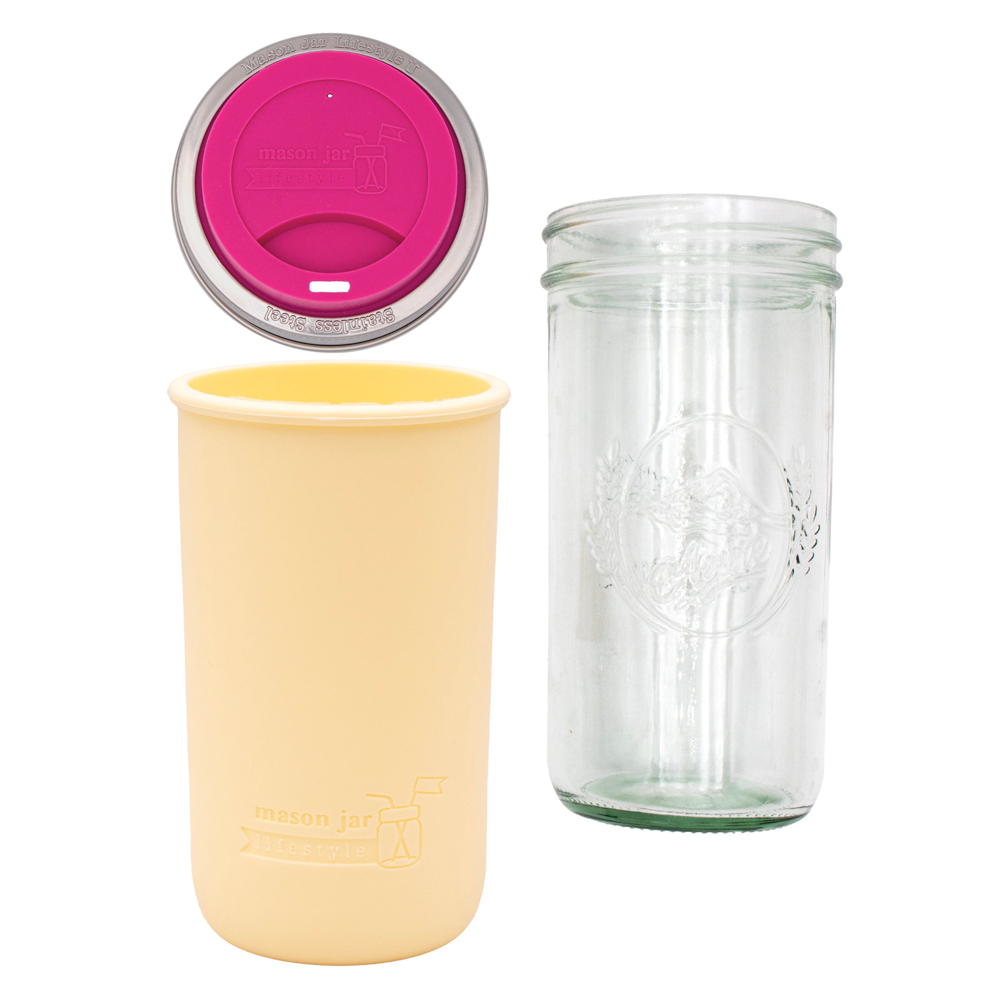 Pint and a half water bottle azure pint and a half sleeve butter yellow wide mouth drinking lid berry pink product on white components