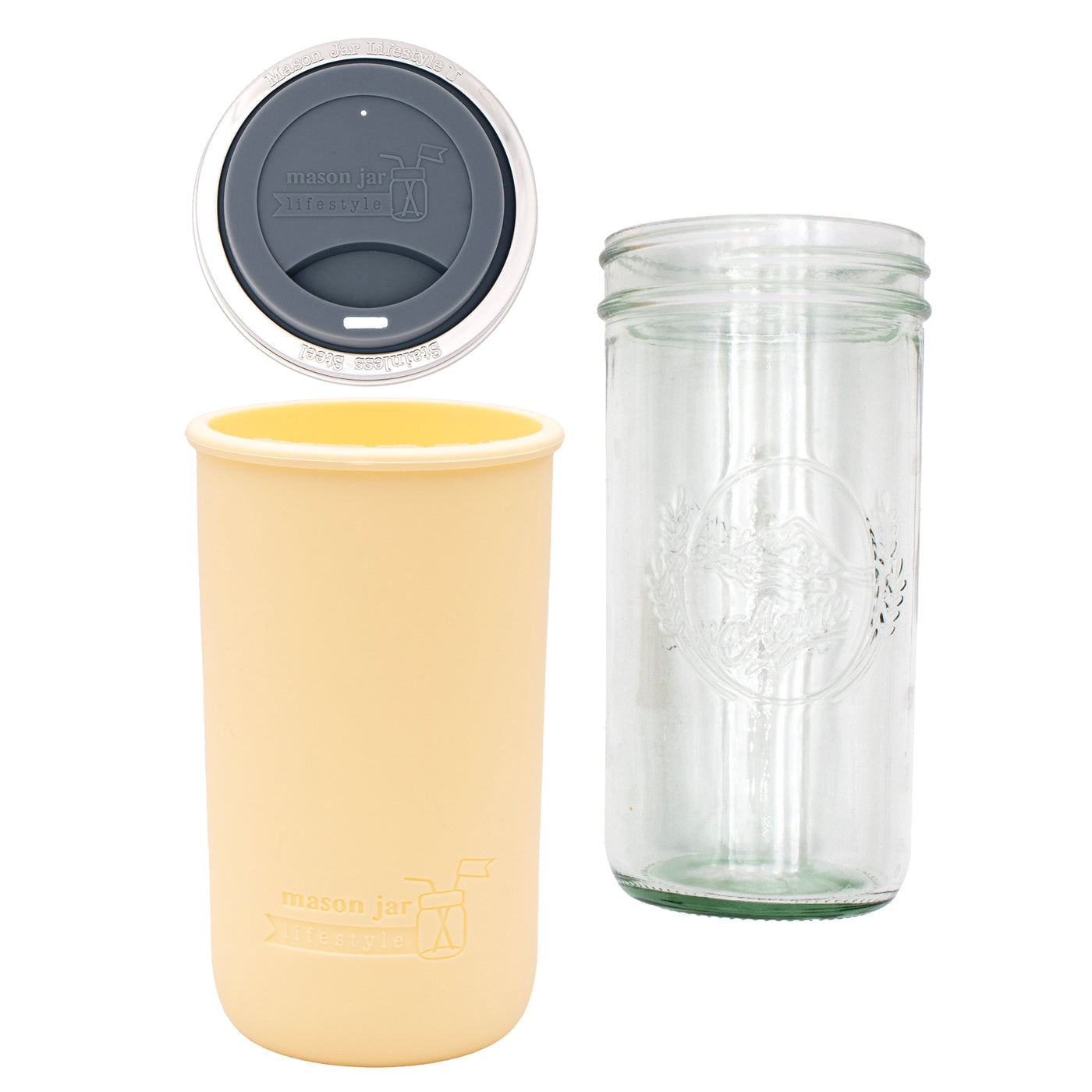 Pint and a half water bottle azure pint and a half sleeve butter yellow wide mouth drinking lid charcoal gray product on white components