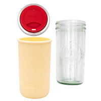 Pint and a half water bottle azure pint and a half sleeve butter yellow wide mouth drinking lid cherry red product on white components