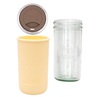 Pint and a half water bottle azure pint and a half sleeve butter yellow wide mouth drinking lid cocoa brown product on white components