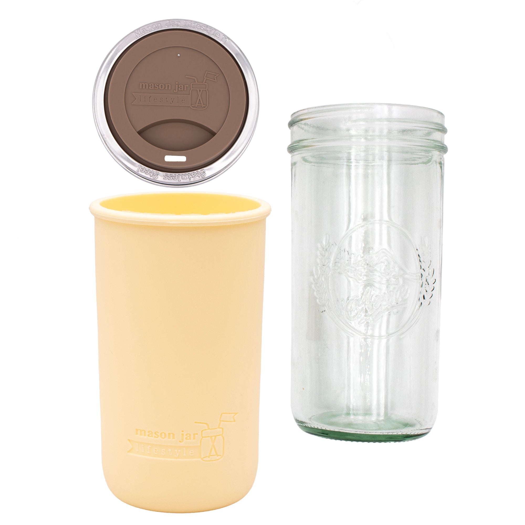 Pint and a half water bottle azure pint and a half sleeve butter yellow wide mouth drinking lid cocoa brown product on white components