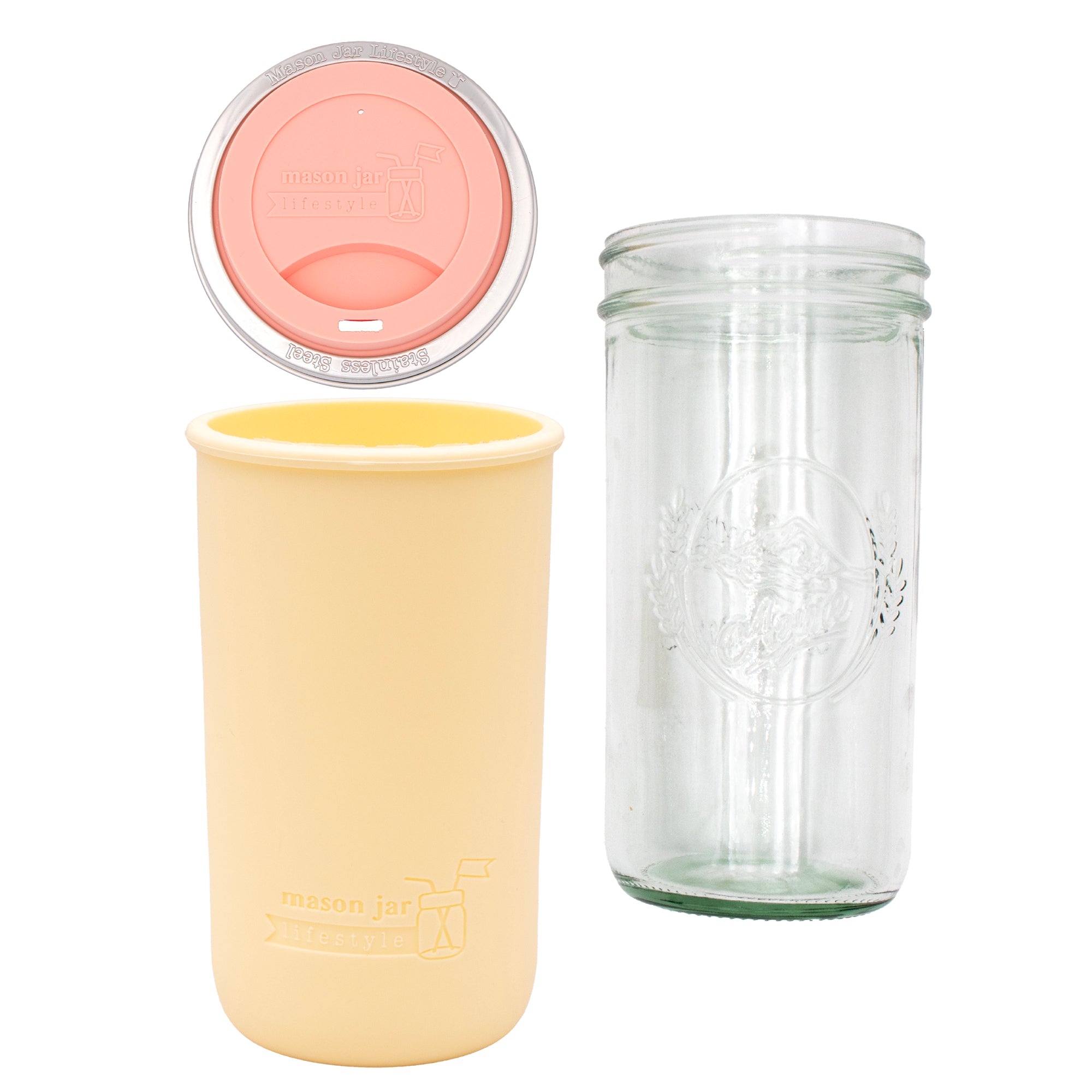 Pint and a half water bottle azure pint and a half sleeve butter yellow wide mouth drinking lid coral pink product on white components