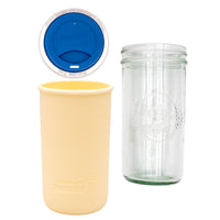 Pint and a half water bottle azure pint and a half sleeve butter yellow wide mouth drinking lid deep blue product on white components