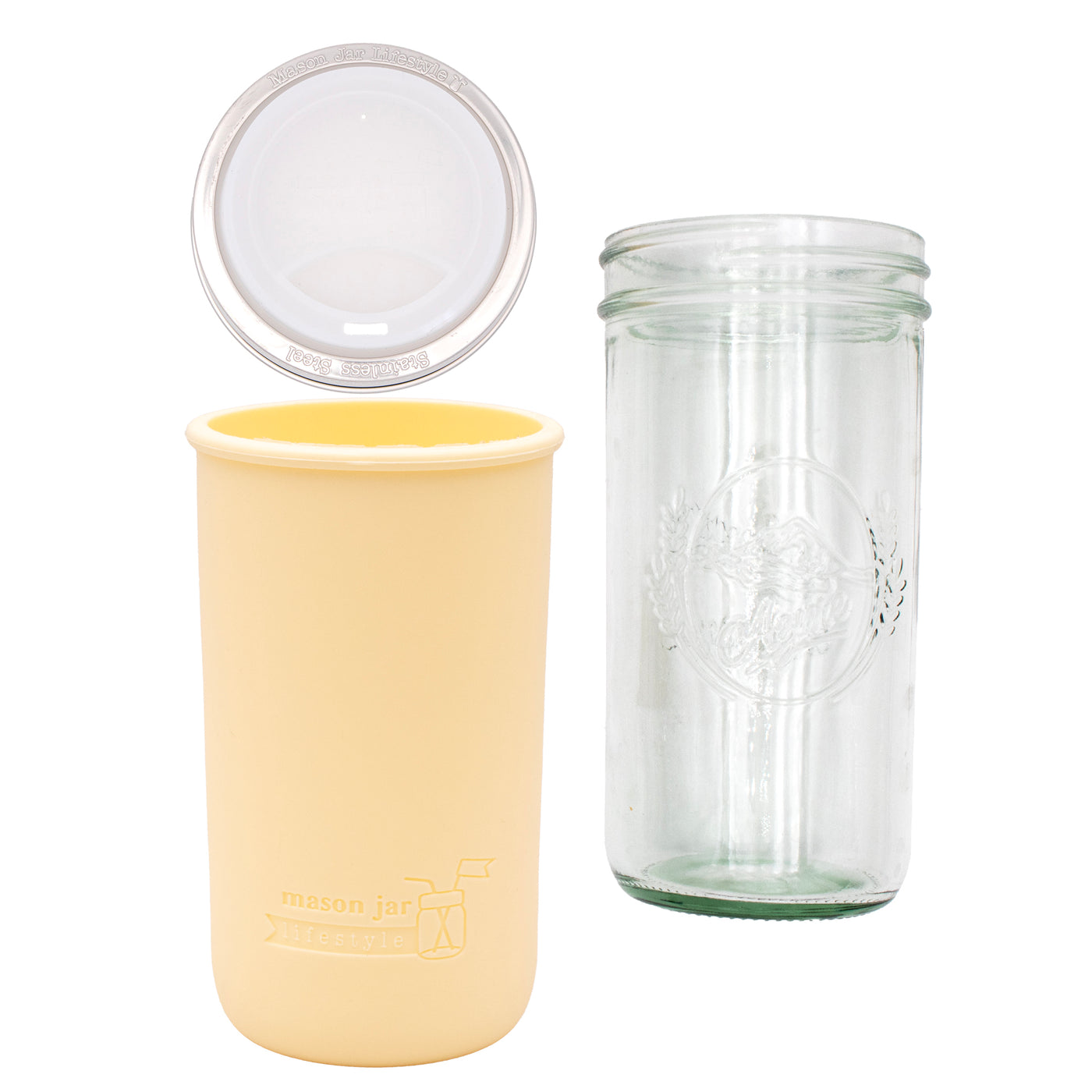 Pint and a half water bottle azure pint and a half sleeve butter yellow wide mouth drinking lid frost product on white components