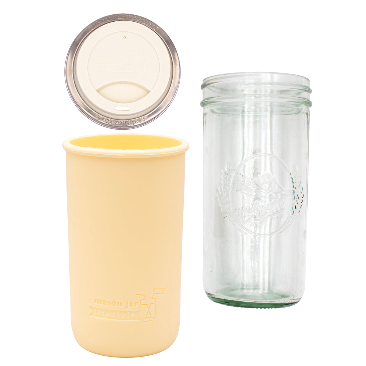 Pint and a half water bottle azure pint and a half sleeve butter yellow wide mouth drinking lid greige product on white components
