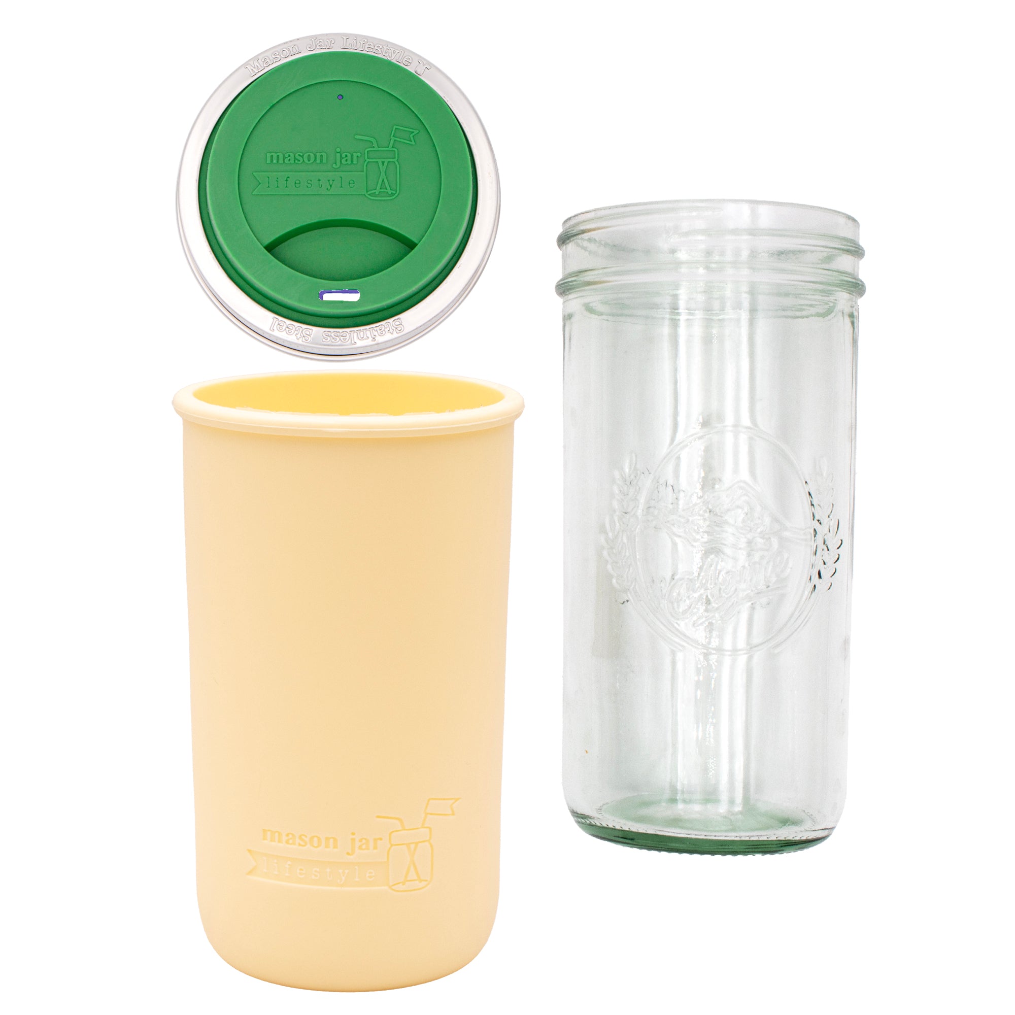 Pint and a half water bottle azure pint and a half sleeve butter yellow wide mouth drinking lid leaf green product on white components