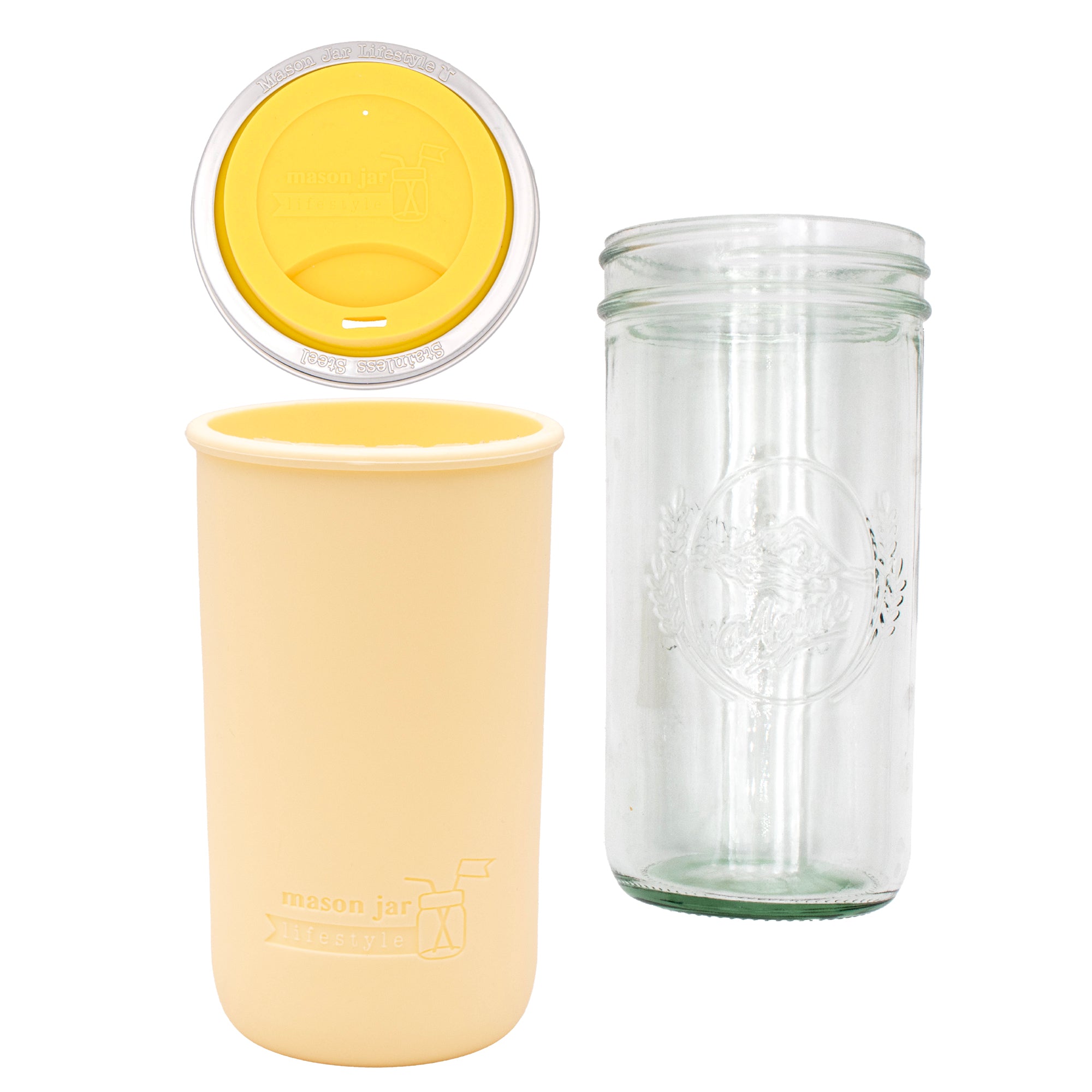 Pint and a half water bottle azure pint and a half sleeve butter yellow wide mouth drinking lid lemon yellow product on white components