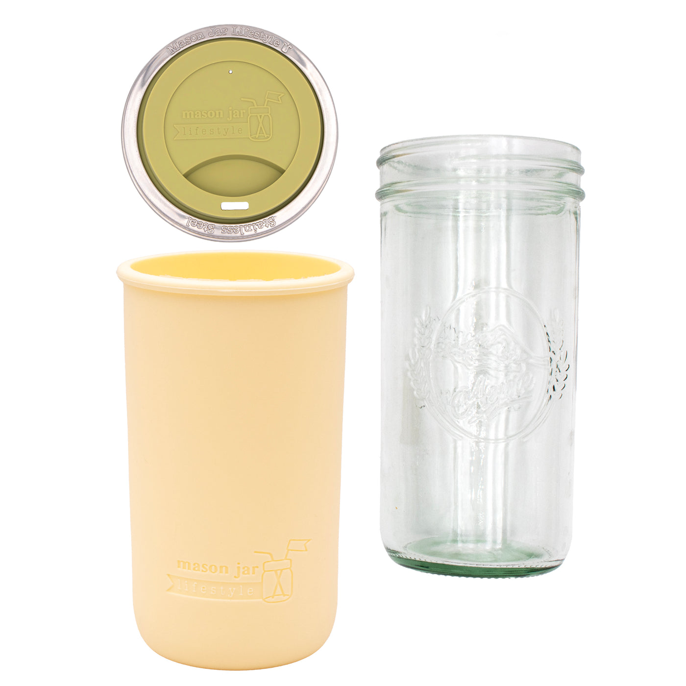 Pint and a half water bottle azure pint and a half sleeve butter yellow wide mouth drinking lid light olive product on white components