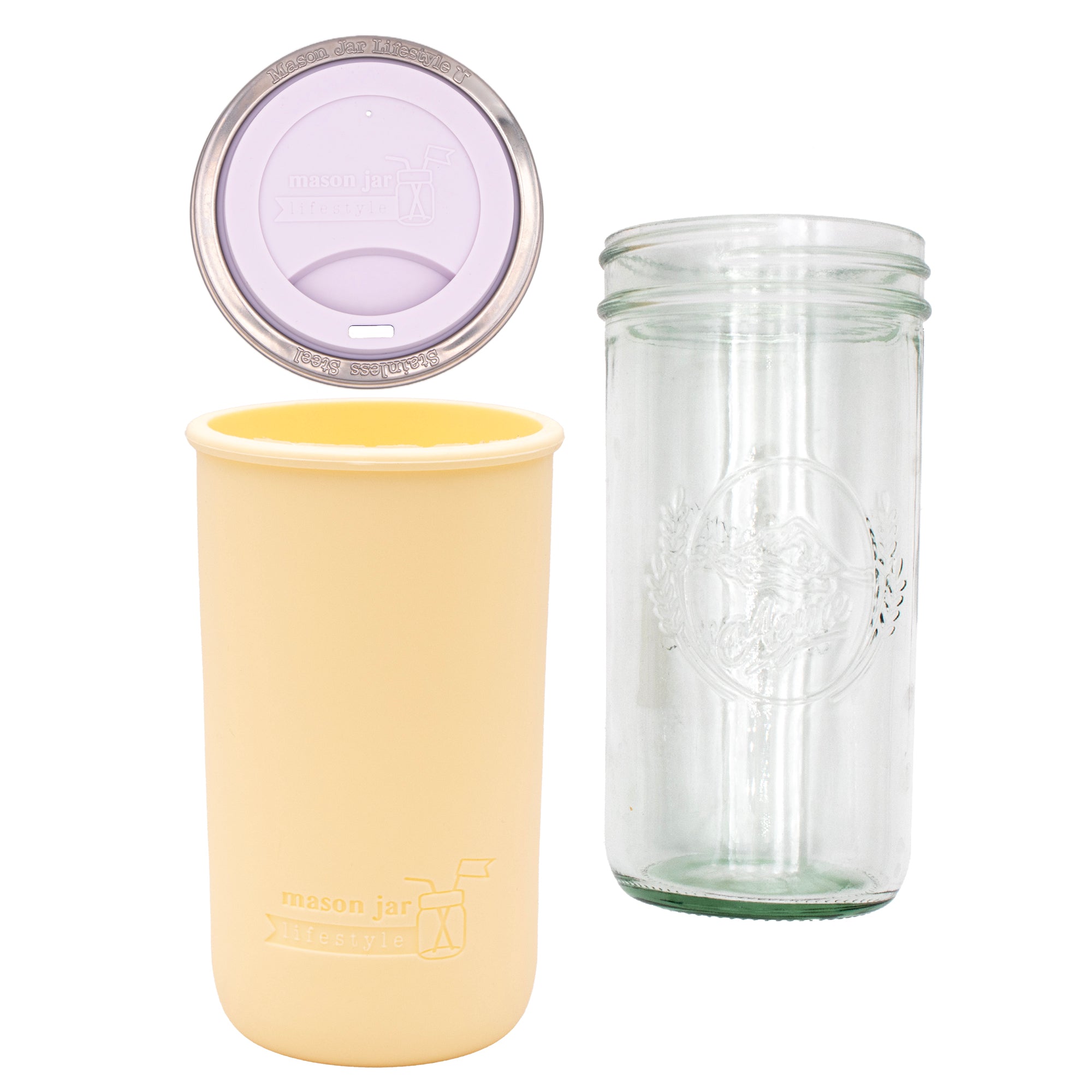Pint and a half water bottle azure pint and a half sleeve butter yellow wide mouth drinking lid light orchid product on white components