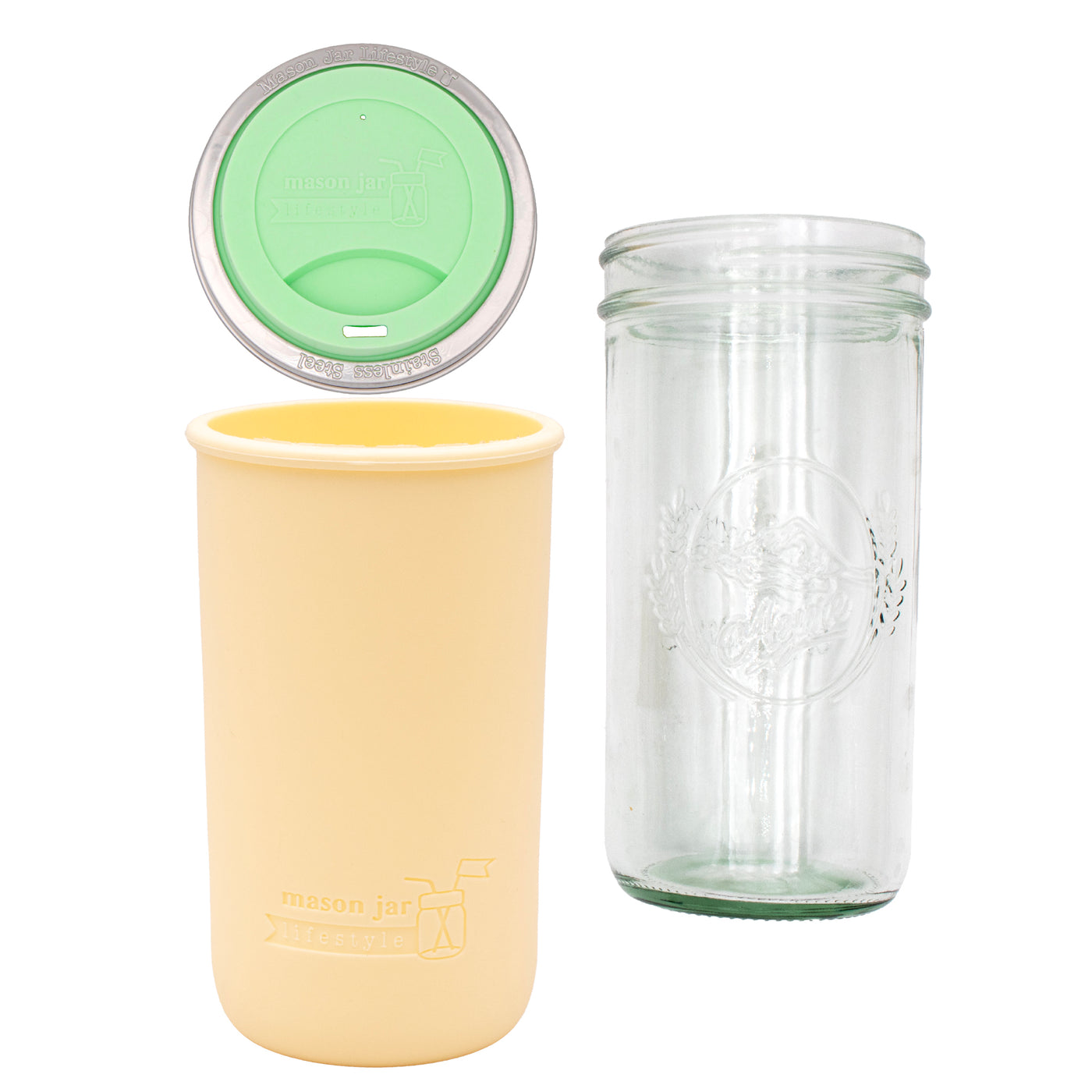 Pint and a half water bottle azure pint and a half sleeve butter yellow wide mouth drinking lid mint green product on white components
