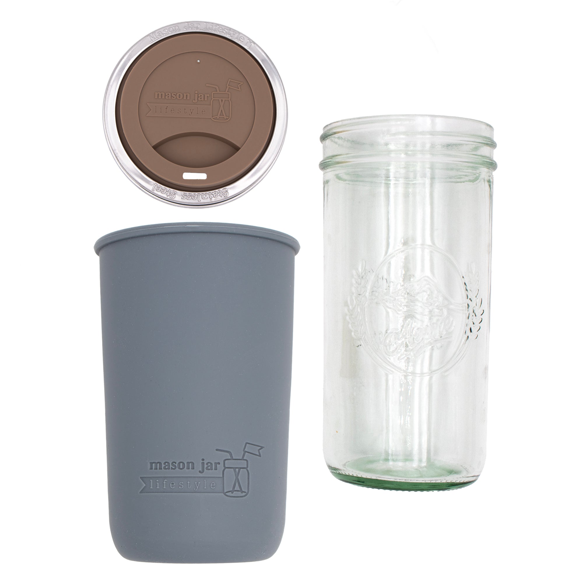 Pint and a half water bottle azure pint and a half sleeve charcoal gray wide mouth drinking lid cocoa brown product on white components