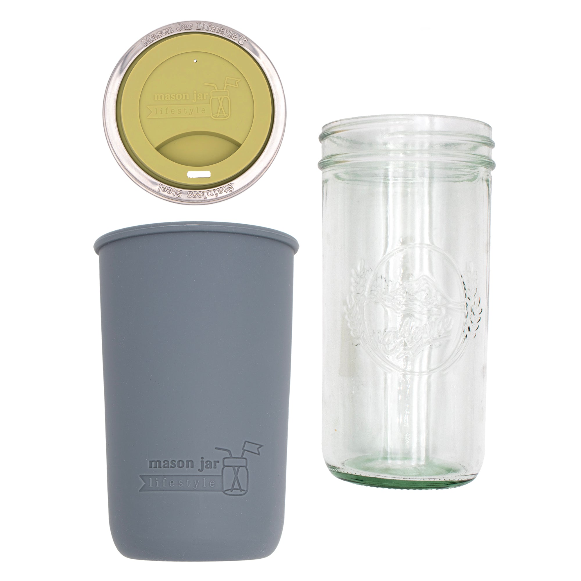 Pint and a half water bottle azure pint and a half sleeve charcoal gray wide mouth drinking lid light olive product on white components