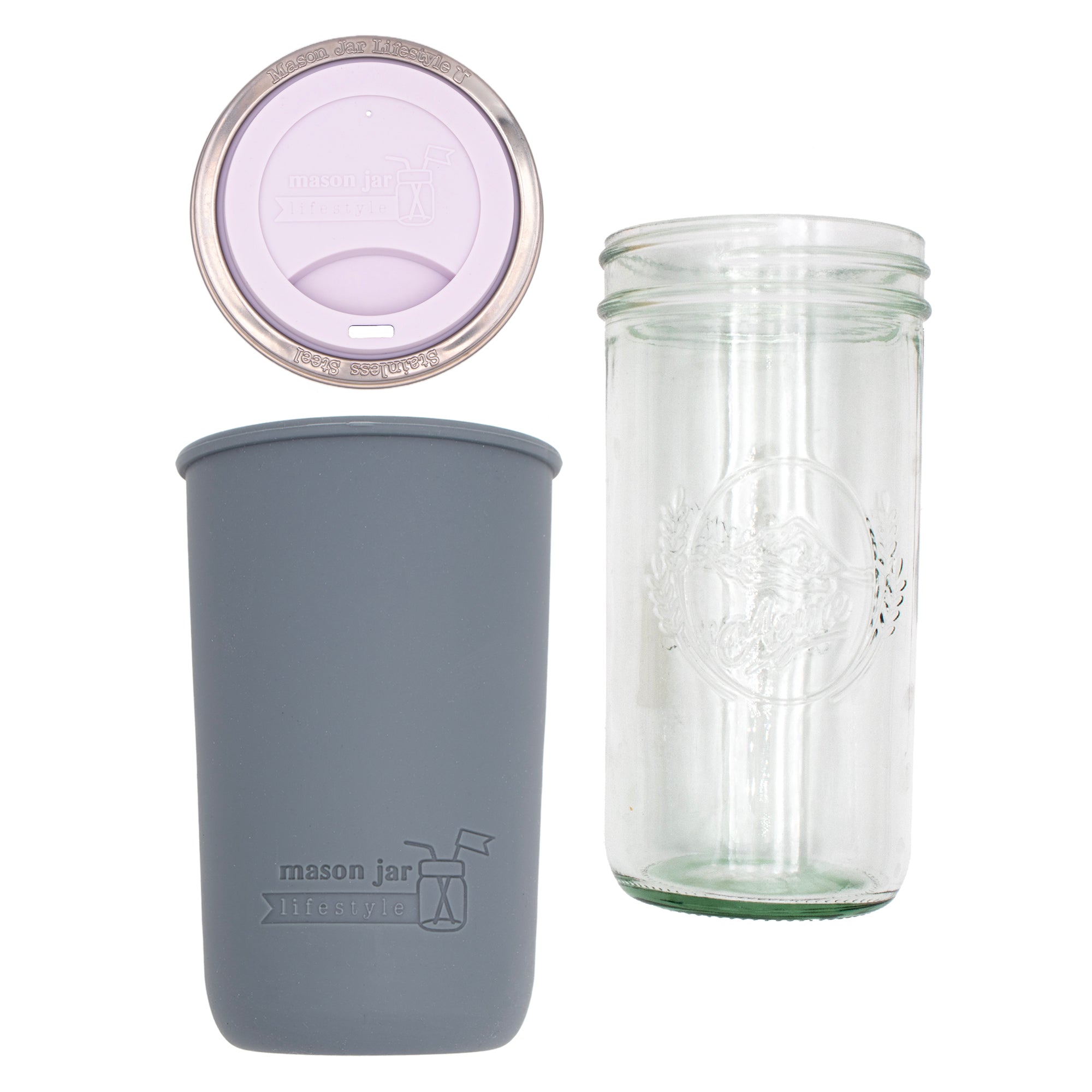 Pint and a half water bottle azure pint and a half sleeve charcoal gray wide mouth drinking lid light orchid product on white components