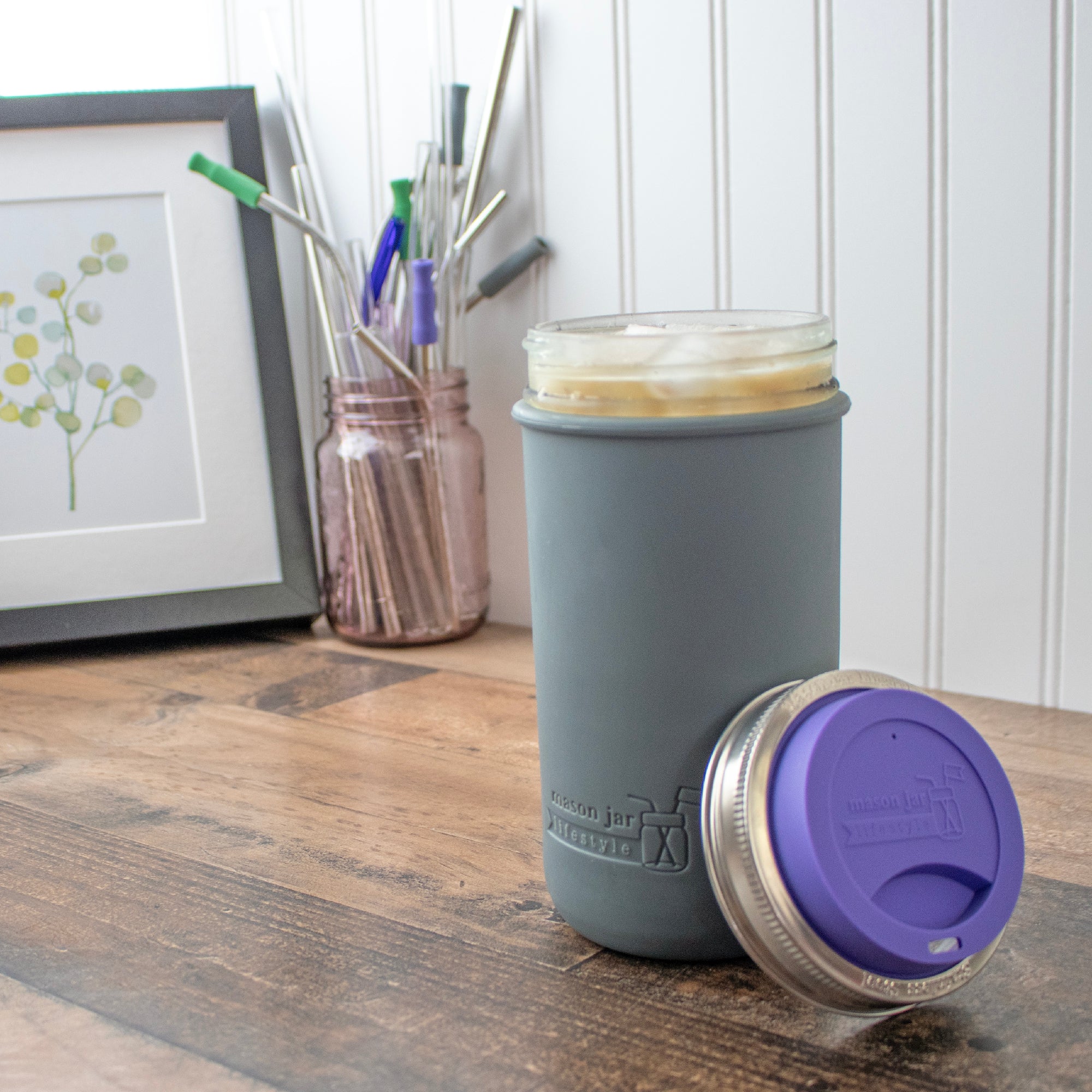 Mason Jar Lifestyle 24oz Pint & Half Glass Water Bottle Travel Tumbler with Silicone Sleeve & Drinking Lid