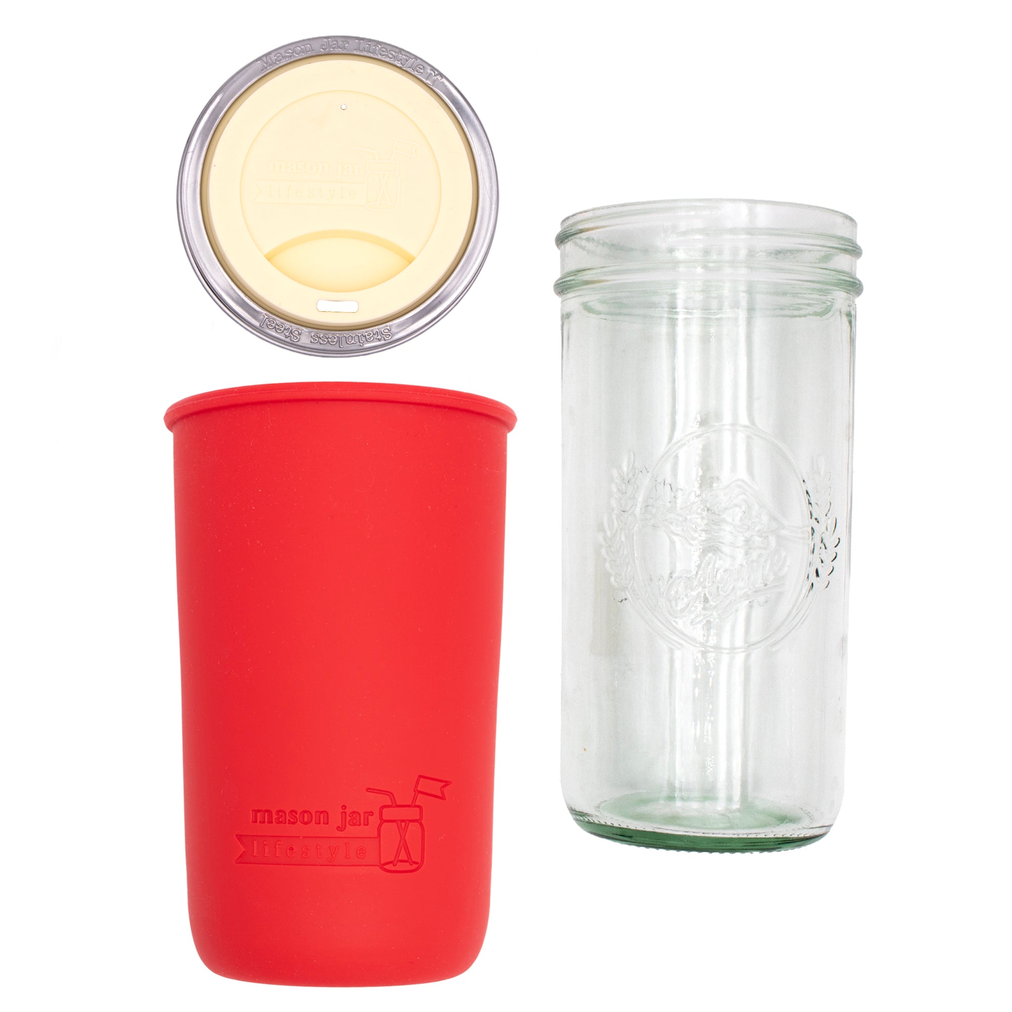 Pint and a half water bottle azure pint and a half sleeve cherry red wide mouth drinking lid butter yellow product on white components