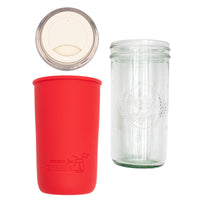 Pint and a half water bottle azure pint and a half sleeve cherry red wide mouth drinking lid greige product on white components