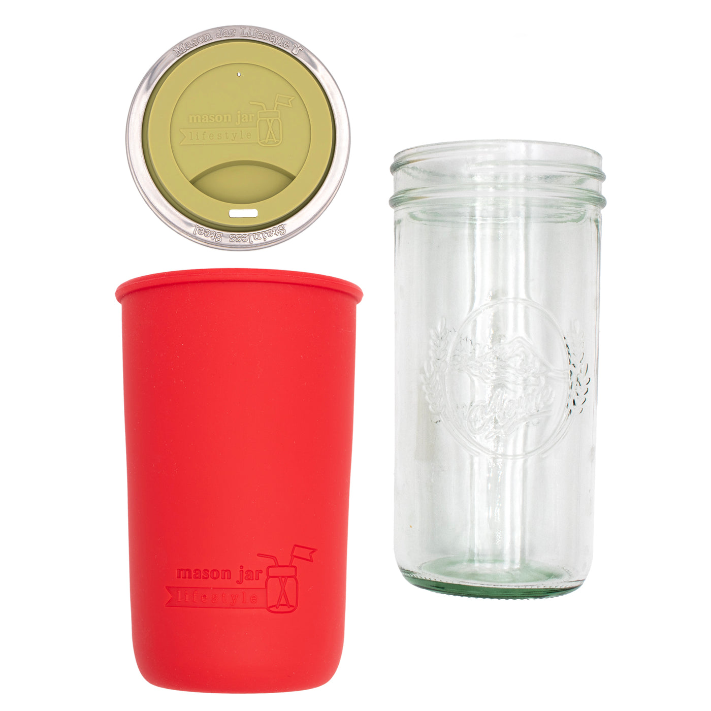 Pint and a half water bottle azure pint and a half sleeve cherry red wide mouth drinking lid light olive product on white components