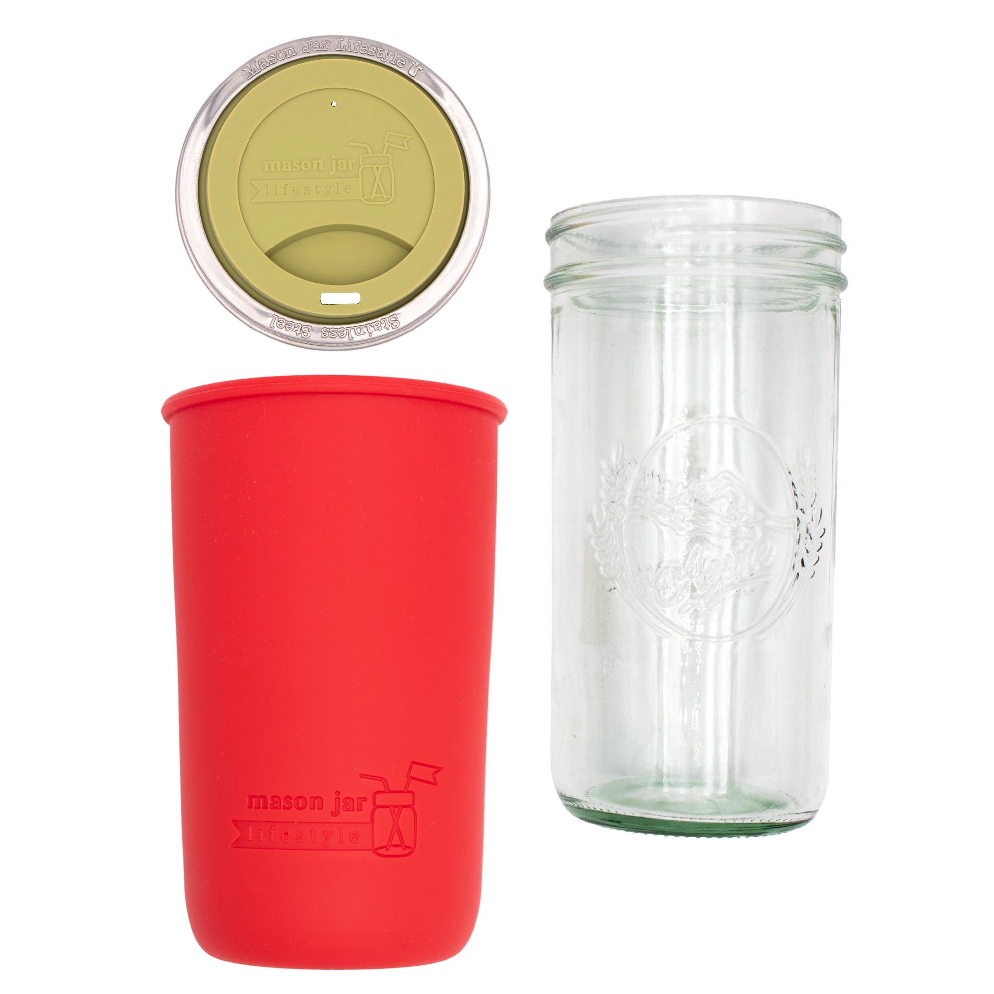 Pint and a half water bottle azure pint and a half sleeve cherry red wide mouth drinking lid light olive product on white components