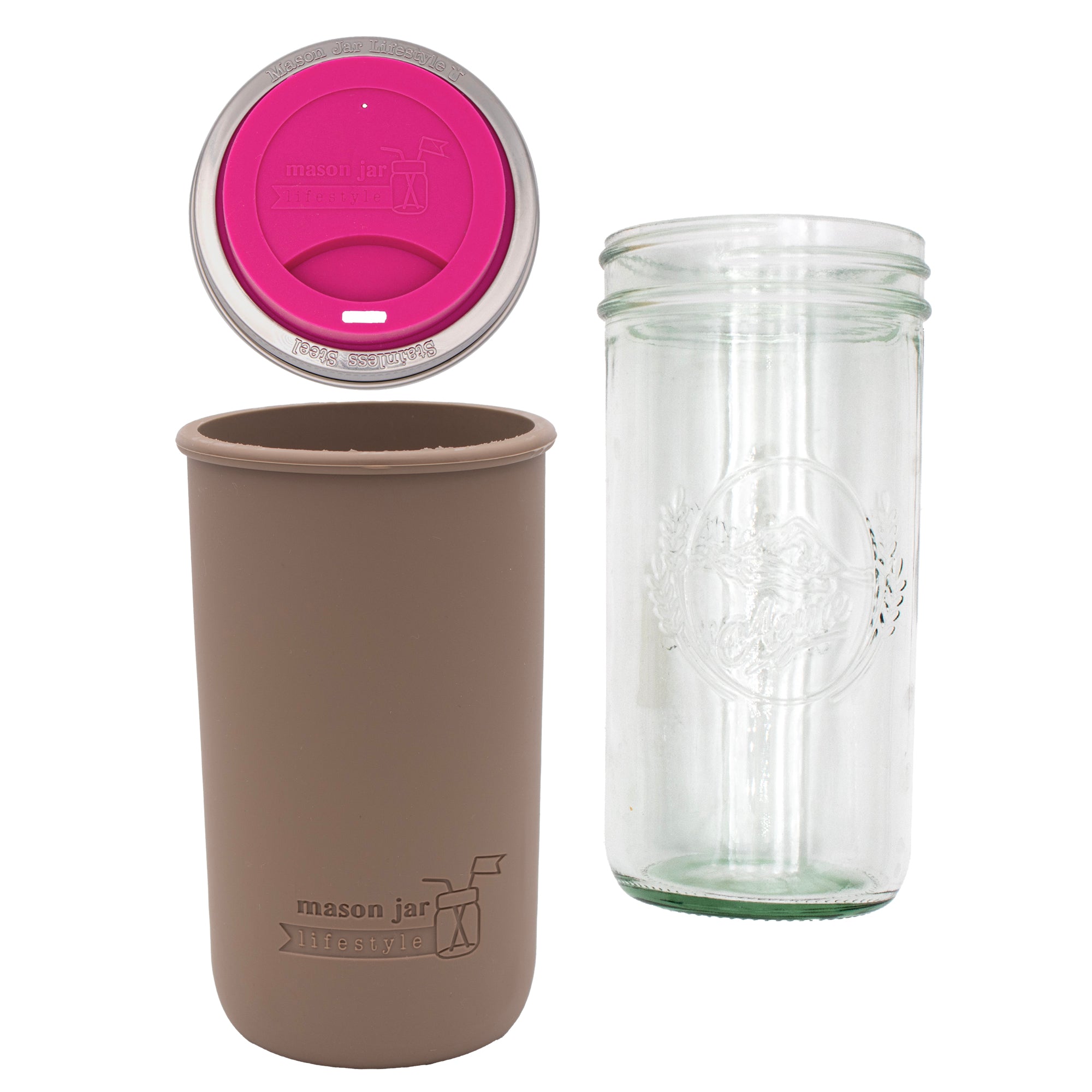 Pint and a half water bottle azure pint and a half sleeve cocoa brown wide mouth drinking lid berry pink product on white components