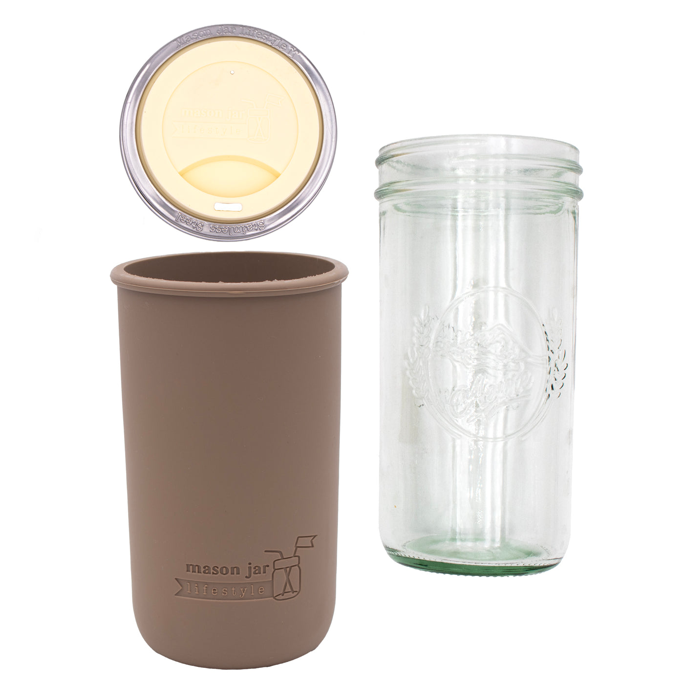 Pint and a half water bottle azure pint and a half sleeve cocoa brown wide mouth drinking lid butter yellow product on white components