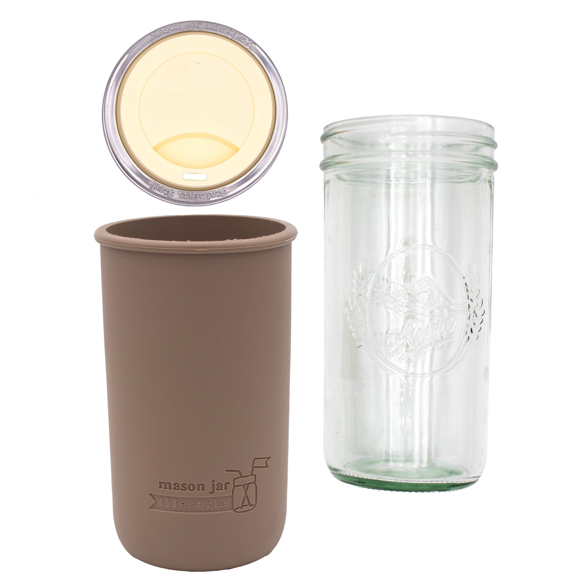 Pint and a half water bottle azure pint and a half sleeve cocoa brown wide mouth drinking lid butter yellow product on white components