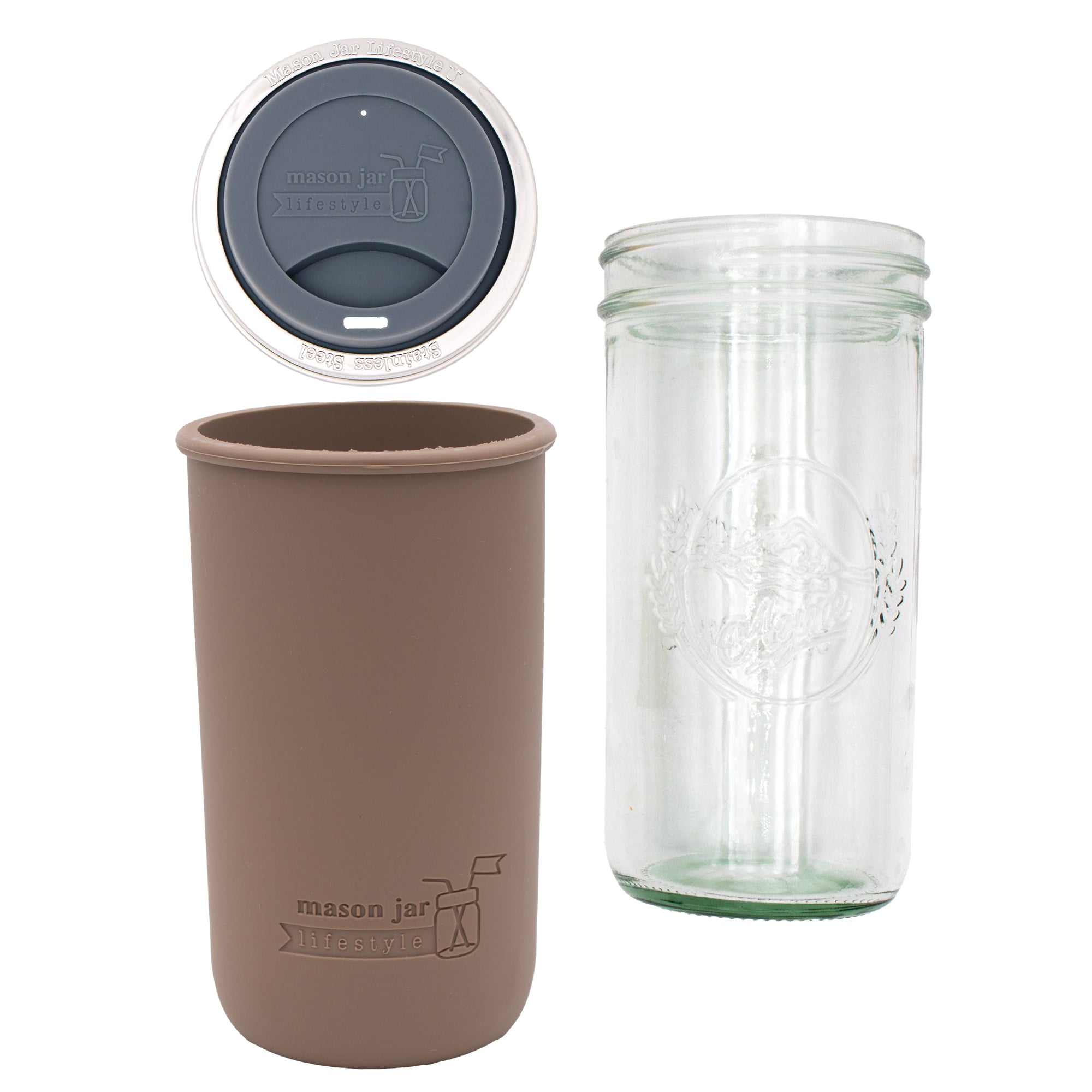 Pint and a half water bottle azure pint and a half sleeve cocoa brown wide mouth drinking lid charcoal gray product on white components
