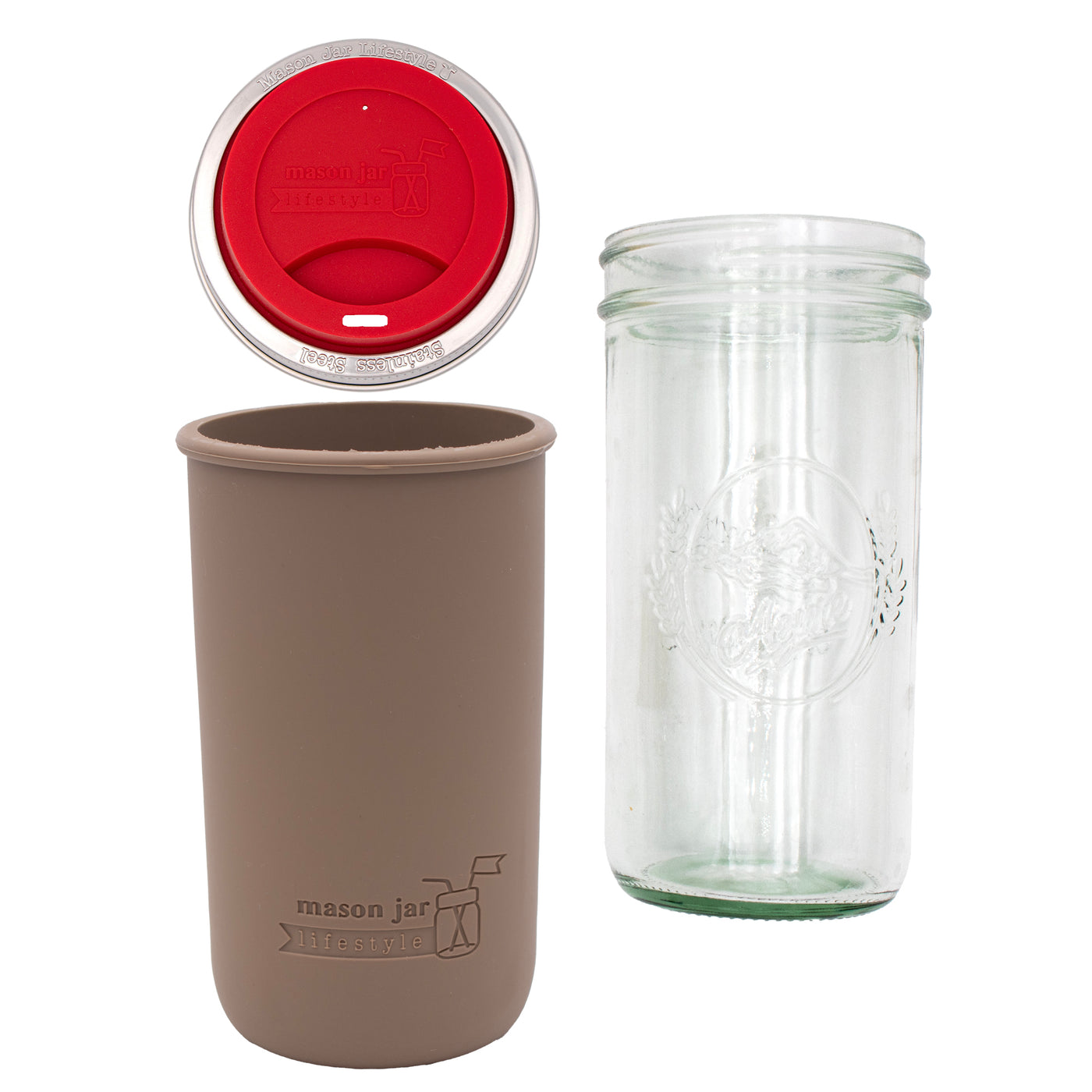 Pint and a half water bottle azure pint and a half sleeve cocoa brown wide mouth drinking lid cherry red product on white components