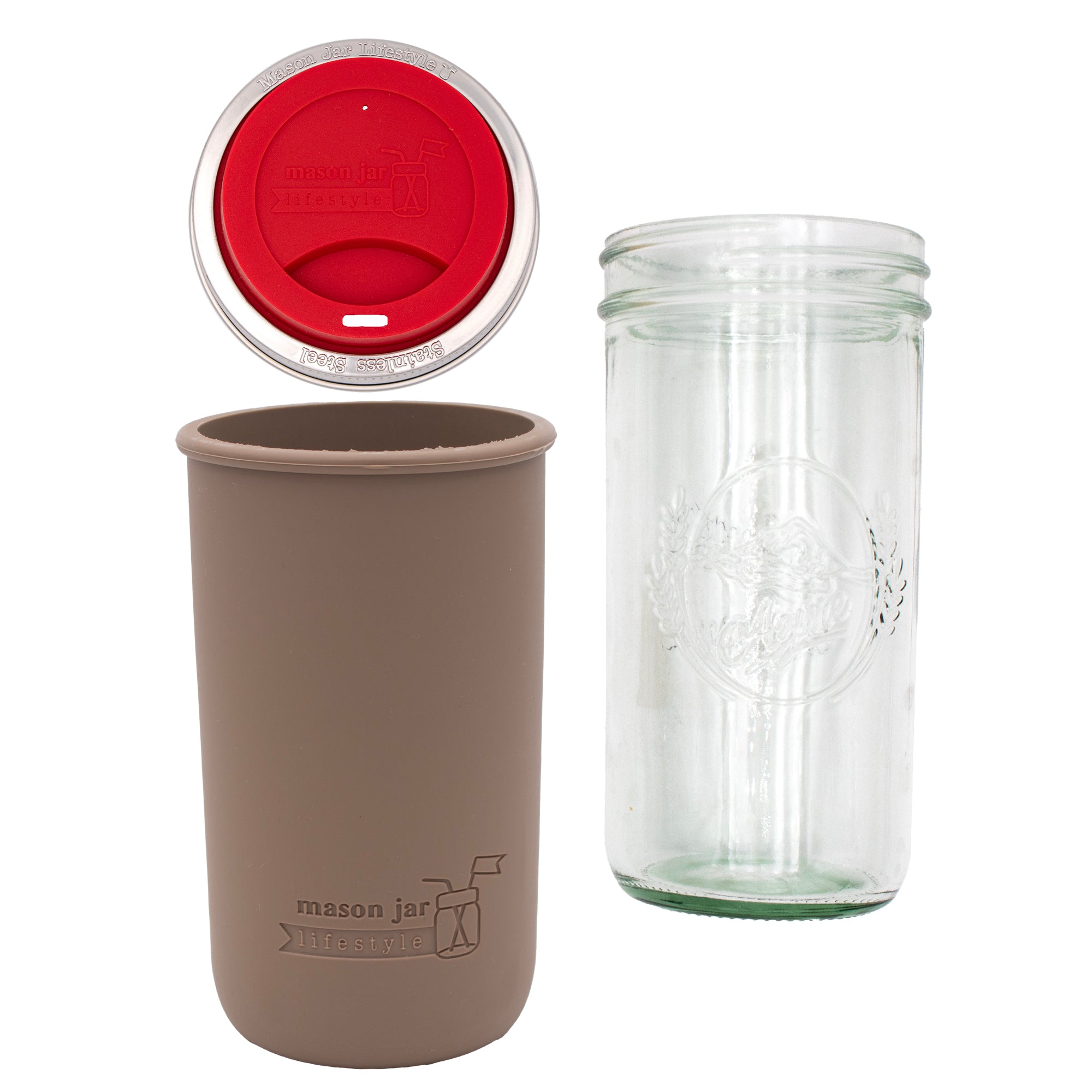 Pint and a half water bottle azure pint and a half sleeve cocoa brown wide mouth drinking lid cherry red product on white components
