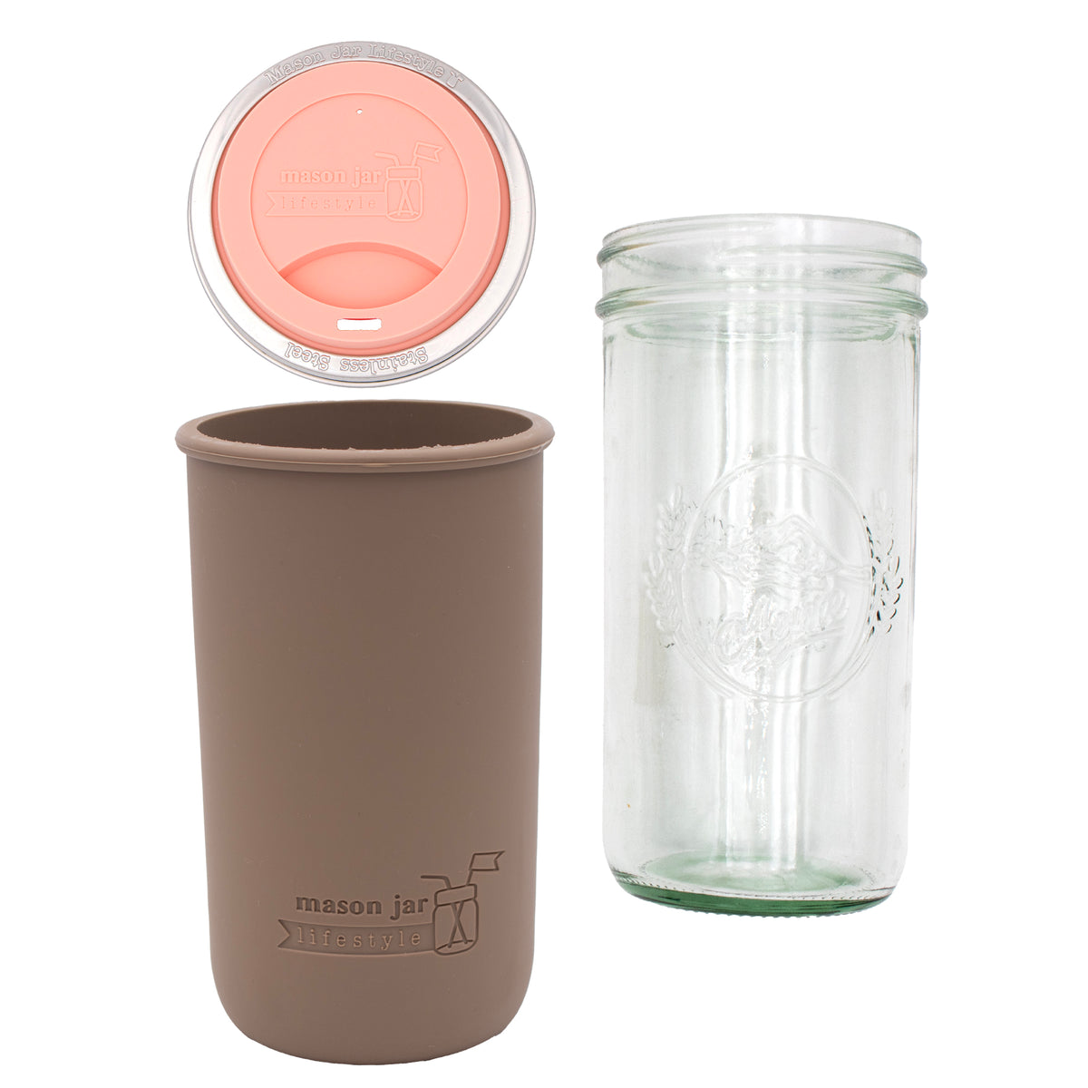 Pint and a half water bottle azure pint and a half sleeve cocoa brown wide mouth drinking lid coral pink product on white components
