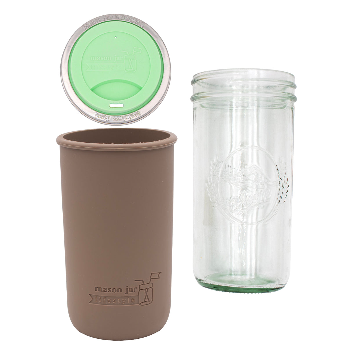 Pint and a half water bottle azure pint and a half sleeve cocoa brown wide mouth drinking lid mint green product on white components