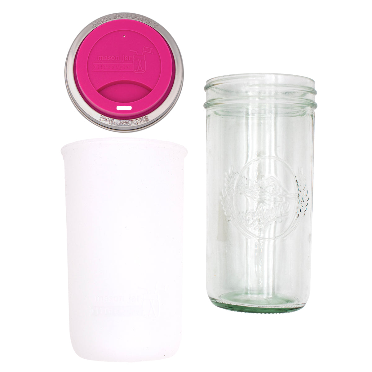 Pint and a half water bottle azure pint and a half sleeve frost wide mouth drinking lid berry pink product on white components