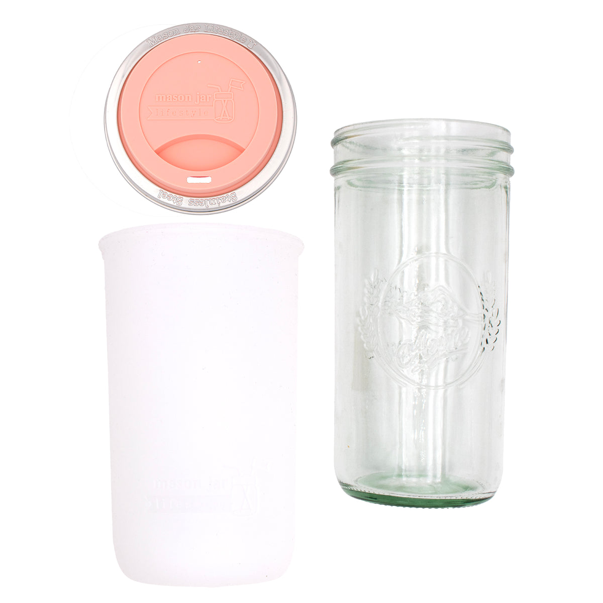 Pint and a half water bottle azure pint and a half sleeve frost wide mouth drinking lid coral pink product on white components